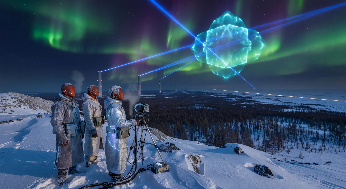 Sur les crêtes de pergélisol des monts Verkhoïansk, des humains boréaux-adaptés — optimisés génétiquement pour le froid extrême — utilisent des lasers ioniques pour sculpter les aurores boréales en récits géométriques complexes. Cette pratique techno-chamanique s'inscrit dans l'époque du « Seuil » (2025-2050), une période de transition où la géo-ingénierie, portée par des forêts de mélèzes synthétiques et des tours de capture du carbone, tente de stabiliser le climat sibérien. À l'intersection de la physique des plasmas et de la spiritualité de la Renaissance Boréale, ces praticiens manifestent visuellement l'Esprit du Monde au-dessus d'une toundra transformée par l'énergie de fusion et les réseaux de transport supraconducteurs.