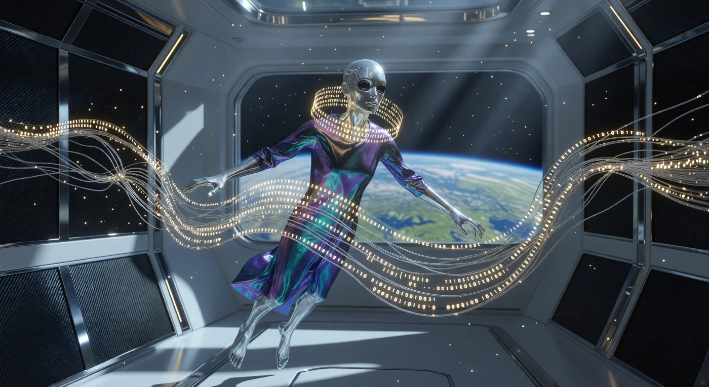 Nesta cena do período da Grande Divergência (2200–2500 d.C.), um erudito dos Sintéticos Orbitais interage com um Manuscrito de Fluxo-Glifo, uma interface tridimensional de dados em ouro líquido que se transmuta através de comandos neurais. A morfologia do sujeito, caracterizada por uma estrutura óssea alongada e pele com brilho metálico de nitrato de prata, evidencia a adaptação biológica e tecnológica extrema para a vida em microgravidade nas estações espaciais. Este registro ilustra o ápice da cultura dos "Ascendidos", onde a informação deixou de ser estática para se tornar um organismo digital fluido, refletindo a cisão definitiva da linhagem humana em civilizações tecnologicamente distintas.