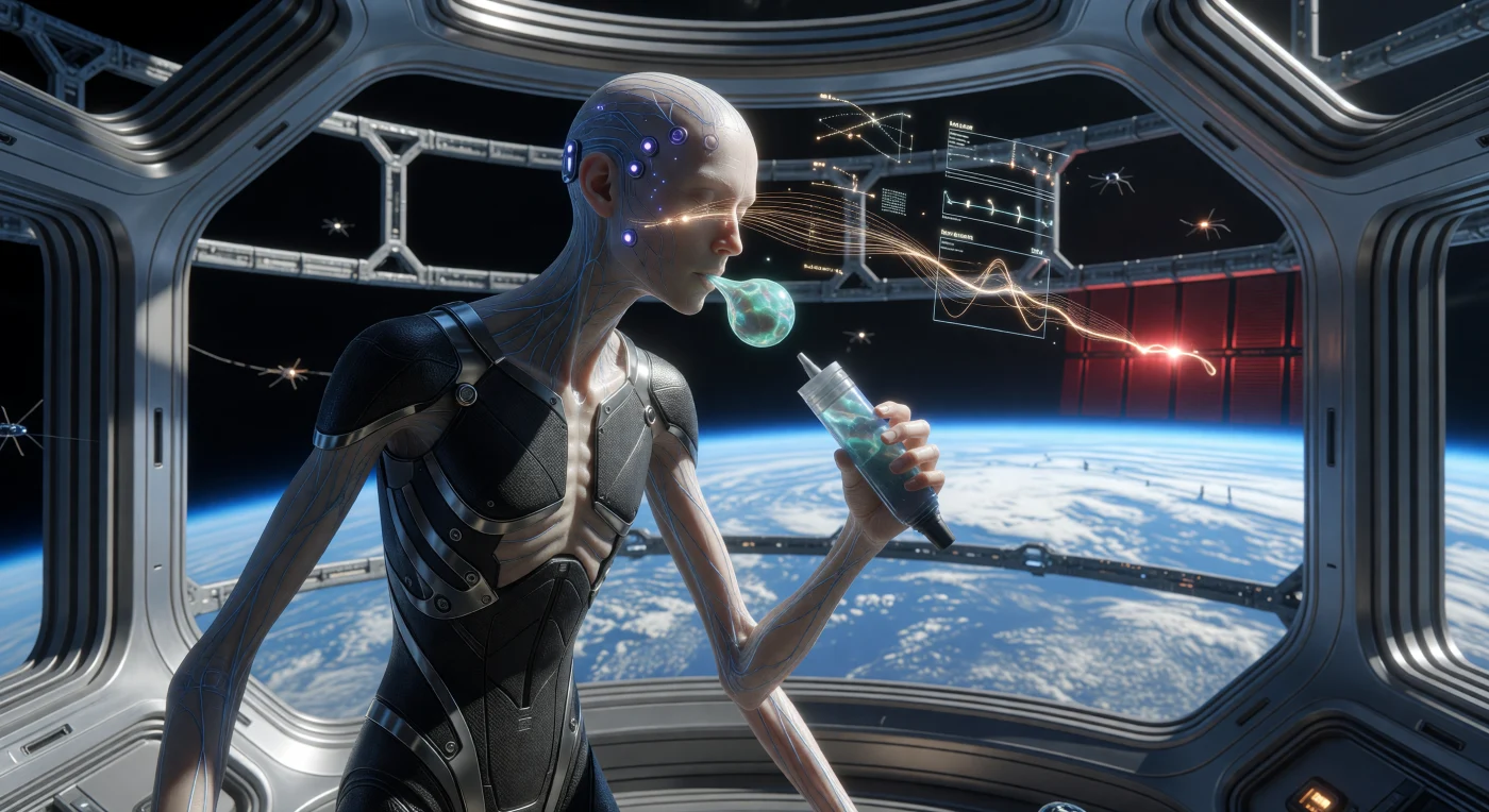 En el año 2144 d. C., durante la era de la Convergencia, un espécimen de humano grav-adaptado se alimenta de pasta de algas enriquecida dentro de un módulo del Anillo Orbital terrestre. Esta variante biológica presenta extremidades elongadas y una estructura ósea ligera optimizada para la baja gravedad, reforzada por un exoesqueleto de fibra de carbono y puertos de interfaz neuronal que integran su conciencia con la Noosfera de datos. A 400 kilómetros sobre la superficie, la escena ilustra la adaptación extrema de nuestra especie a entornos extraplanetarios, donde la biotecnología y la energía captada por los arreglos Helios sostienen la vida más allá de los límites de la biosfera tradicional.