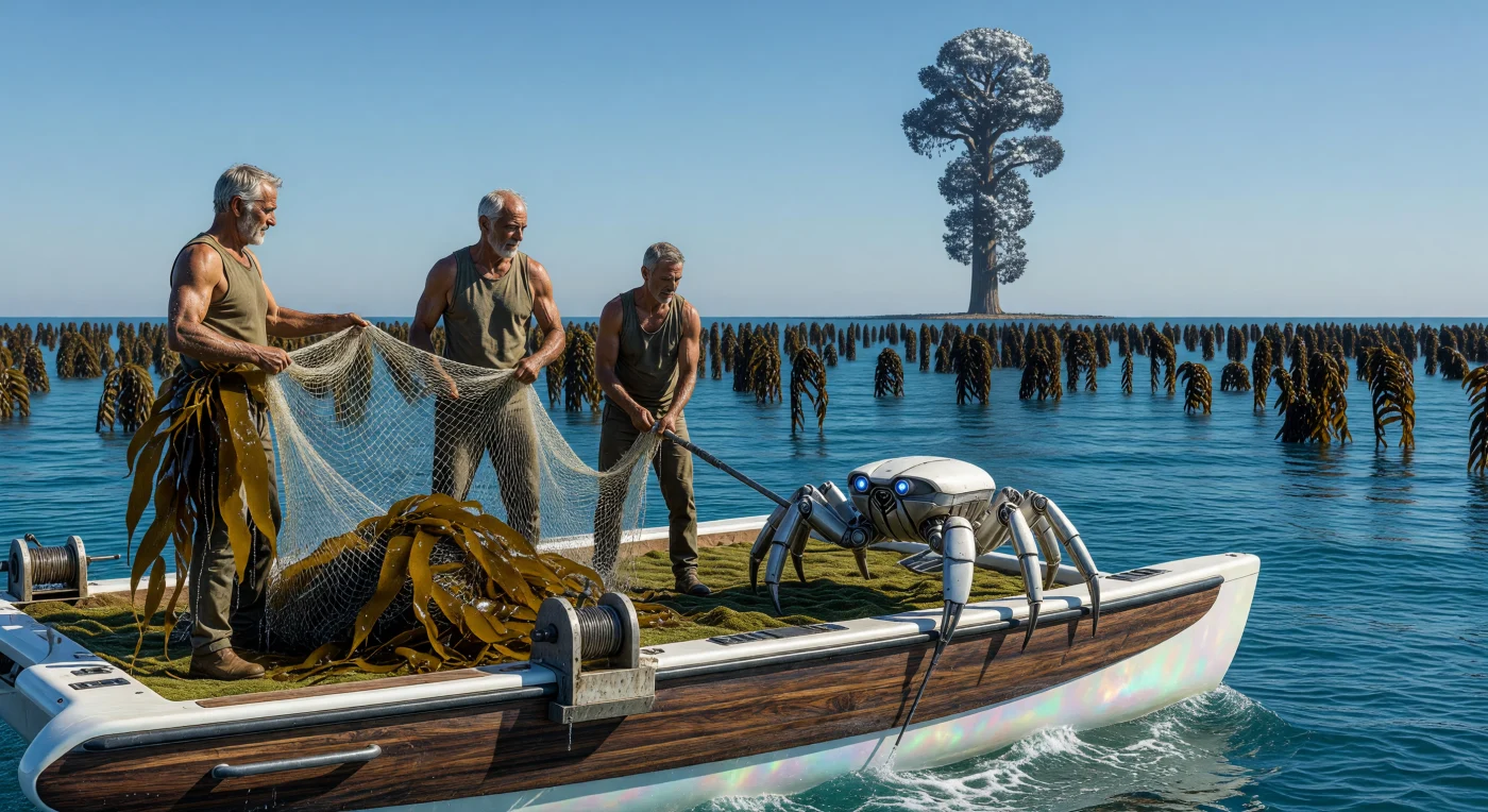 No auge da Grande Divergência (c. 2200–2500 d.C.), pescadores de *Homo sapiens* basais operam catamarãs de polímero e madeira laminada para colher algas gigantes (*Macrocystis pyrifera*) geneticamente restauradas em águas de pureza absoluta. A cena ilustra o "Berço da Estase", onde IAs sentinelas crab-miméticas monitoram a saúde oceânica sob um céu estabilizado por tecnologias de sombreamento orbital que mantêm o CO2 em níveis pré-industriais de 280 ppm. Este equilíbrio entre o labor humano tradicional e a engenharia de escala estelar exemplifica a preservação da biodiversidade terrestre em um futuro onde a tecnologia avançada é usada exclusivamente para proteger a integridade biológica original da Terra.