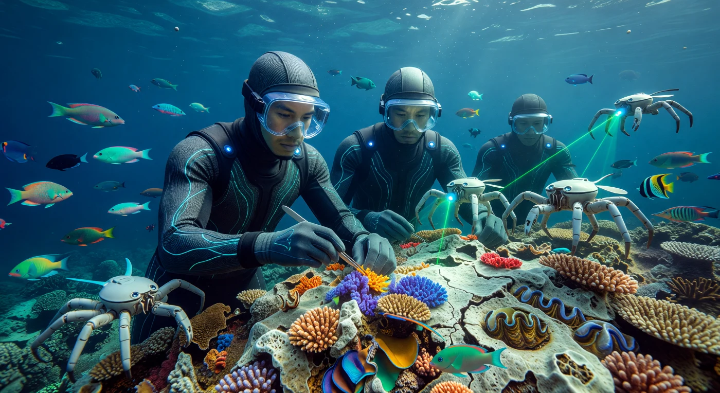 Mergulhadores conhecidos como "Naturais", trajando vestes de estase bio-luminescentes, realizam o enxerto manual de pólipos de corais em um recife de calcário bioengenheirado que replica as complexas estruturas orgânicas do Pleistoceno. Durante o período da Grande Divergência (2200–2500 d.C.), esses esforços de restauração nas Reservas Naturais da Terra utilizam drones "Sentinelas" e iluminação filtrada por enxames de Dyson para recuperar ecossistemas marinhos vitais em um estado de pureza pré-industrial. O cenário revela uma biodiversidade recuperada, composta por peixes tropicais desextintos e amêijoas gigantes, prosperando em águas de clareza absoluta sob a custódia de uma humanidade dedicada à preservação do equilíbrio biológico ancestral.