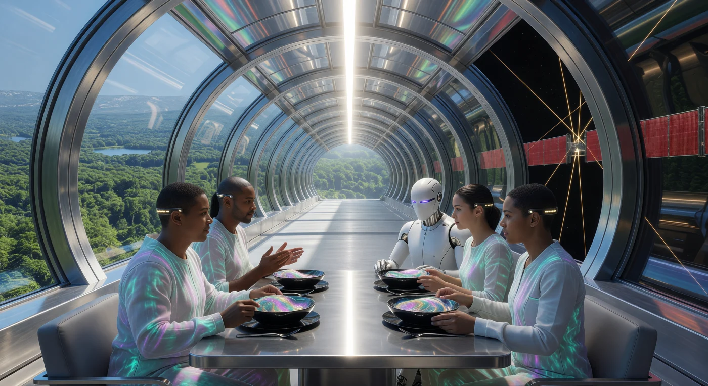 Set within the curving landscape of a massive O'Neill Cylinder, a family of Carbon-Baseline humans shares a meal of lab-grown Vat-Silk alongside a Substrate-Independent Mind (SIM) occupying a sleek robotic proxy. This domestic scene from the Solar Expansion Era (c. 2500–3000 CE) illustrates life in a Kardashev Type 1.9 civilization, where a Dyson Swarm provides near-limitless energy via the golden microwave beams visible through the habitat's metallic-glass hull. The artificial ecosystem is sustained by a central plasma "Line-Sun," while massive external radiator wings shed the waste heat generated by this staggering feat of stellar engineering.