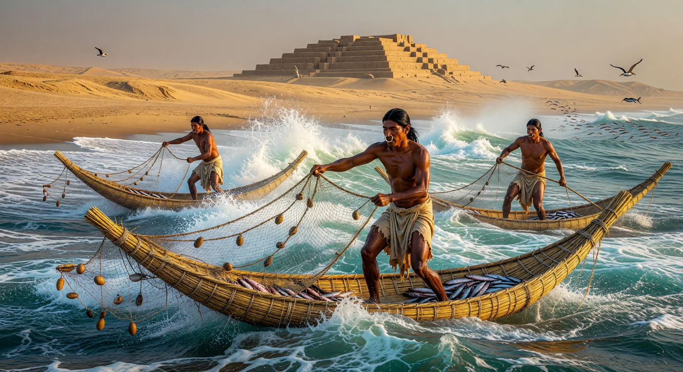 4세기경 고대 페루의 모체(Moche) 어부들이 '카바이토 데 토토라'라고 불리는 전통 갈대 배를 타고 거친 태평양의 파도를 능숙하게 가로지르고 있습니다. 구리 코걸이와 면직물 복장을 한 이들은 훔볼트 해류의 풍요로운 산물인 멸치를 잡기 위해 정교한 그물을 던지며, 안개 낀 해안 너머로는 거대한 진흙 벽돌 사원인 '우아카(Huaca)'가 웅장하게 솟아 있습니다. 이 모습은 척박한 사막과 역동적인 바다 사이에서 고도의 해양 문화를 꽃피웠던 고대 안데스 문명의 강인한 삶을 생생하게 전달합니다.