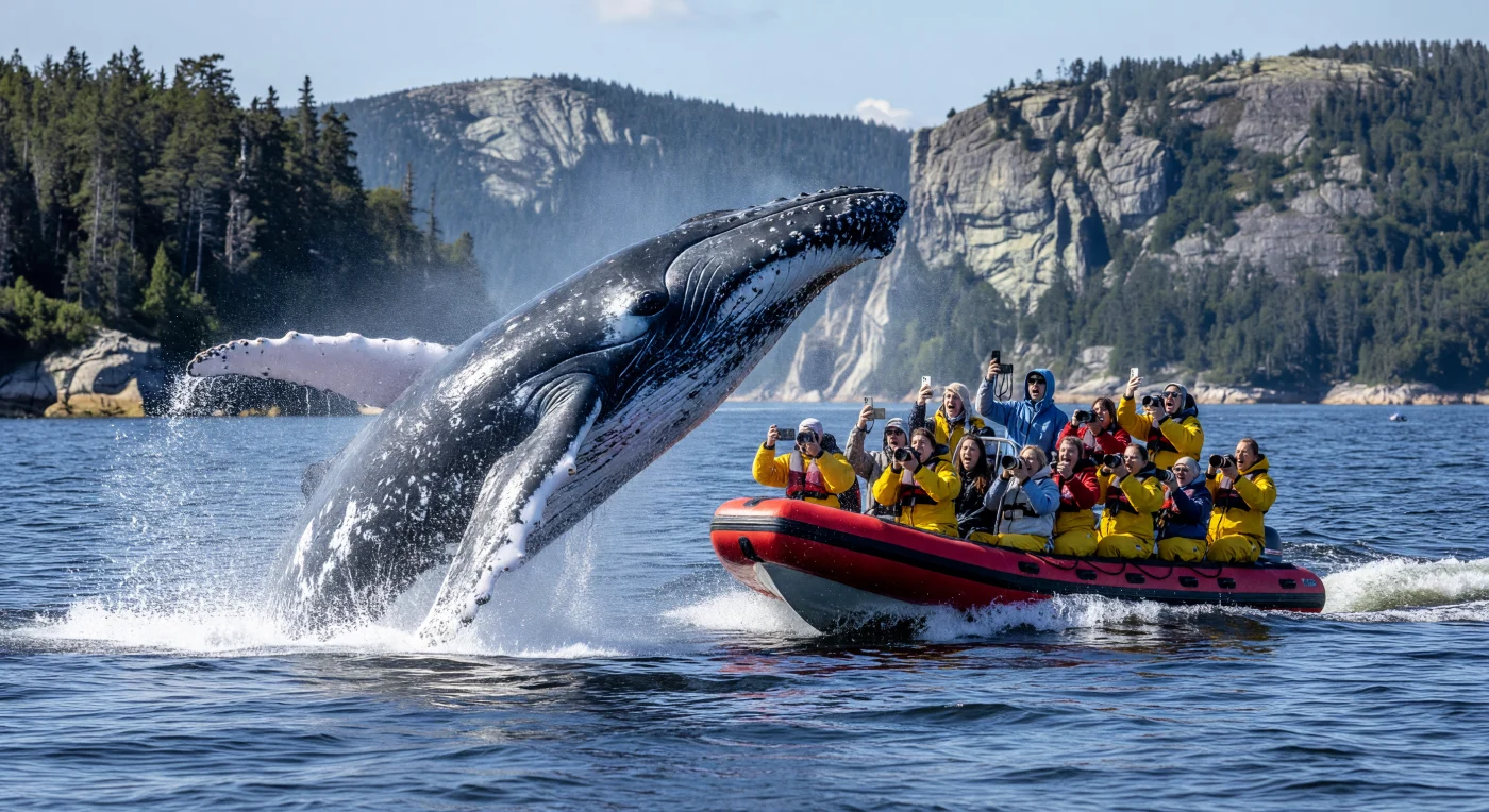 A humpback whale (*Megaptera novaeangliae*) breaches the frigid waters of the St. Lawrence River near the Saguenay Fjord, a scene emblematic of the burgeoning "experience economy" in early 21st-century Quebec. Tourists aboard a red rigid inflatable boat (Zodiac) are depicted wearing specialized yellow GORE-TEX immersion suits, reflecting the era's reliance on high-performance synthetic materials for maritime exploration. The use of smartphones and telephoto lenses to capture the event underscores the Digital Age’s cultural preoccupation with ubiquitous self-documentation and the intersection of raw nature with mobile technology.