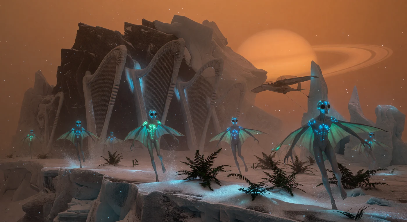 في مشهد يجسد حقبة "التباعد العظيم" (2200-2500 م)، يحتشد أفراد من سلالة *Homo adaptus* فوق قمم "زانادو" الجليدية على قمر تيتان، حيث تضيء أجسادهم المعدلة حيويًا بنبضات "سيانية" وسط ضباب الميثان البرتقالي وتحت ظلال زحل المهيبة. تبرز الصورة هذه الكائنات الفارهة الطول وهي تفعل "قيثارات الرياح" العملاقة المنحوتة في منحدرات الجليد المائي، مستغلةً الكثافة العالية للغلاف الجوي لإنتاج اهتزازات صوتية عميقة تهز الصقيع المتجمد. يعكس هذا المشهد التطور البيولوجي المذهل لهذه الكائنات، بأعينها الحساسة للأشعة تحت الحمراء وأغشيتها الجناحية، مما يوضح قدرة الحياة على إعادة تشكيل نفسها في أقسى بيئات النظام الشمسي الخارجي برودةً.