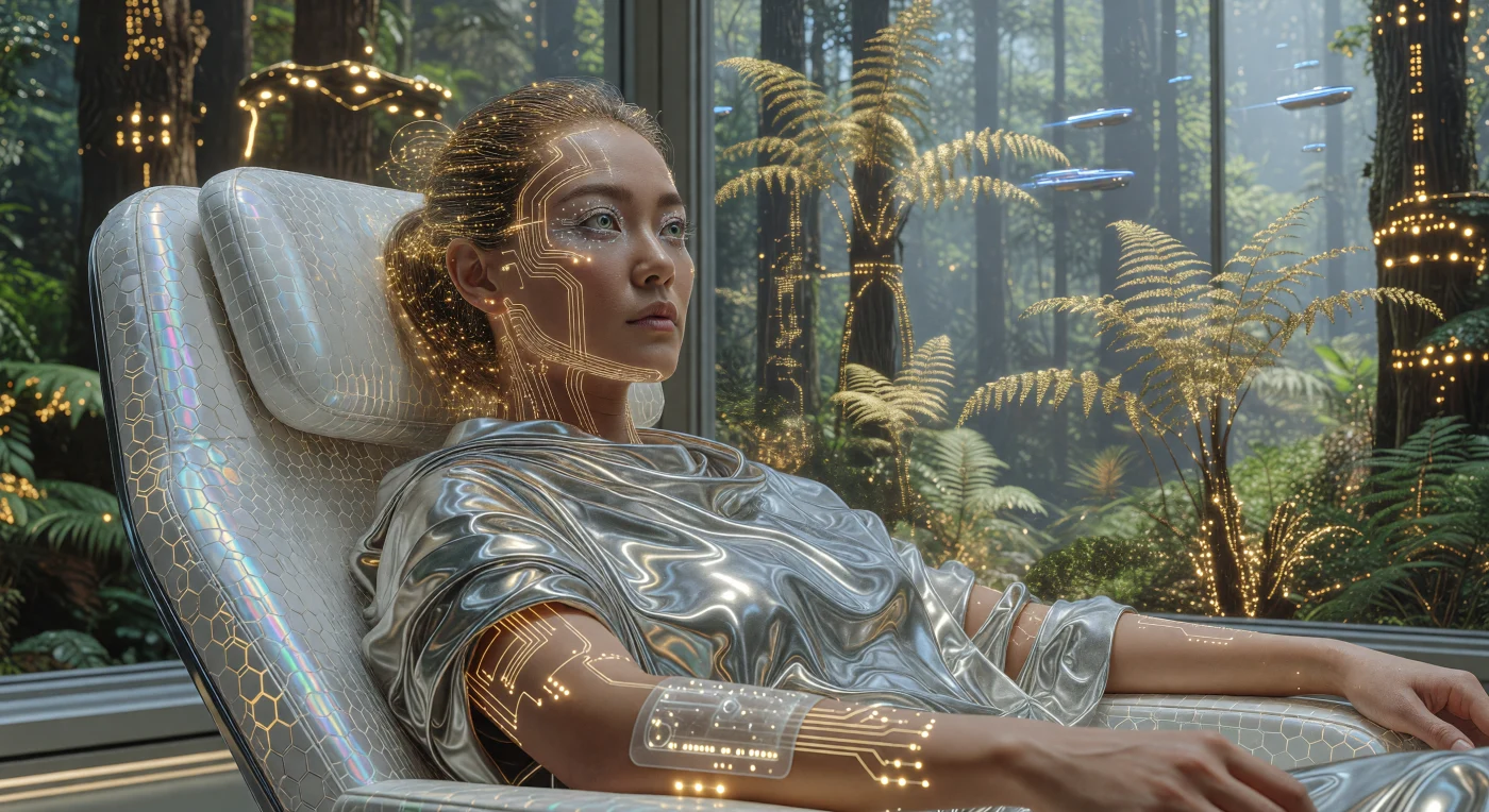 يُصور هذا المشهد فردًا من نوع "الإنسان المُعزز" (*Homo augmentus*) في قلب عصر "الانفراق العظيم" (2200–2500 ميلادي)، حيث تلاشت الحدود بين الكيان البيولوجي والنسيج الرقمي داخل المدن المقوسة العملاقة على كوكب الأرض. تظهر الأنثى بدارات ذهبية تحت جلدية تعمل كمشتتات حرارية لشبكتها العصبية المتصلة بالبيانات، وهي ترتدي وشاحًا من المعدن السائل التكيفي وتتغذى عبر رقعة وريدية شفافة بينما تجلس على مقعد من "الغرافين الأبيض" الجزيئي. تنغمس الذات هنا في حالة "ترافق عالي النطاق"، حيث تدرك عبر غرسات بصرية واقعًا مختلطًا مستمرًا (CMR) يجسد غابة بدائية من السرخسيات، في مفارقة تطورية تجمع بين ذروة التقنية السيبرانية وذكرى الطبيعة الأولى التي سادت الأرض في عصور سحيقة.