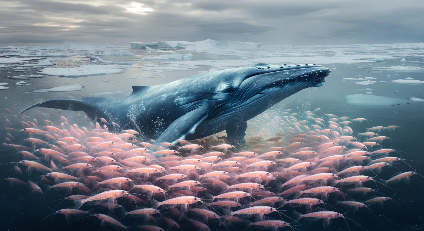 في المحيط الجنوبي الفولاذي الزرقة خلال أواخر العصر البليستوسيني، قبل عشرات الآلاف من السنين، يندفع حوت أزرق عملاق *Balaenoptera musculus* بطول يقارب 25–30 مترًا عبر سحابة متوهجة من كريل القطب الجنوبي *Euphausia superba*، لا يتجاوز طول الفرد منها نحو 6 سم. تُبرز الفقاعات الدقيقة والضباب البارد وصفائح الجليد القرصية عند السطح اتساع ميادين التغذي القطبية في الفترات الجليدية، حين غذّت تيارات الرفع الغنية بالمغذيات تجمعات هائلة من الكريل. يُجسّد هذا المشهد واحدة من أهم علاقات الافتراس في محيطات العصر الجليدي، حيث كانت أجسام صغيرة شبيهة بالروبيان تدعم أكبر حيوان عرفه تاريخ الأرض.