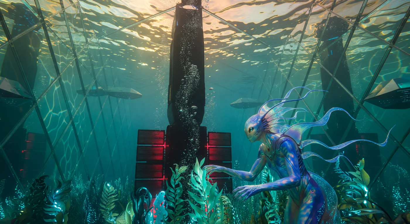 In der Ära der Kosmischen Reife (ca. 20.000–100.000 n. Chr.) zeigt diese Rekonstruktion einen Hybriden der Lokalen Arm-Föderation, der in einem künstlich stabilisierten Tiefseegraben einer Schalenwelt ein biolumineszentes Kelp-Ökosystem bewirtschaftet. Das Wesen besitzt einen Körper aus programmierbarer Materie mit spezialisierten Nanit-Flossen und UV-empfindlichen Augen, die perfekt an den immensen Druck und das gefilterte Licht eines fernen Dyson-Schwarms angepasst sind. Während ein monumentaler „Lungenturm“ aus Kohlenstoff-Nanoröhren lebensnotwendigen Sauerstoff in die türkisfarbene Flut abgibt, verdeutlichen die glühenden Radiatorflügel an seiner Basis die strikte Einhaltung der thermodynamischen Gesetze innerhalb dieser technologisch kontrollierten Biosphäre.