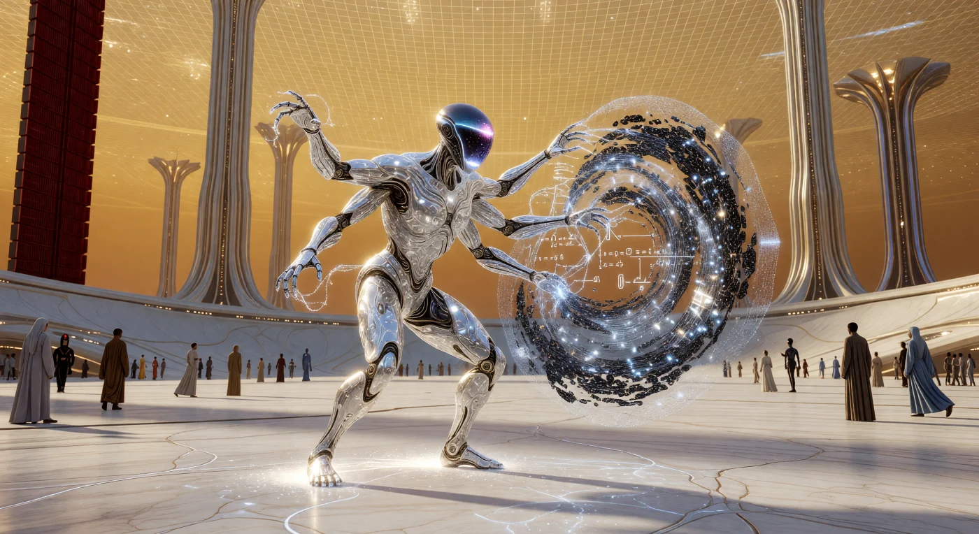 A Hybrid artist with a fluid nanite-chassis extrudes specialized limbs to shape a sculpture of programmable matter on the vast ceramic plaza of a Shell World. Dating to the Era of Cosmic Maturity (c. 20,000–100,000 CE), this scene illustrates the "Cognitive Contribution" of the Local Arm Federation, where post-scarcity beings dedicate their lives to complex creative and mathematical pursuits. The amber-gridded sky and distant radiator wings highlight the advanced engineering of a Type II civilization, which survives by capturing and managing the total energy output of its parent star.
