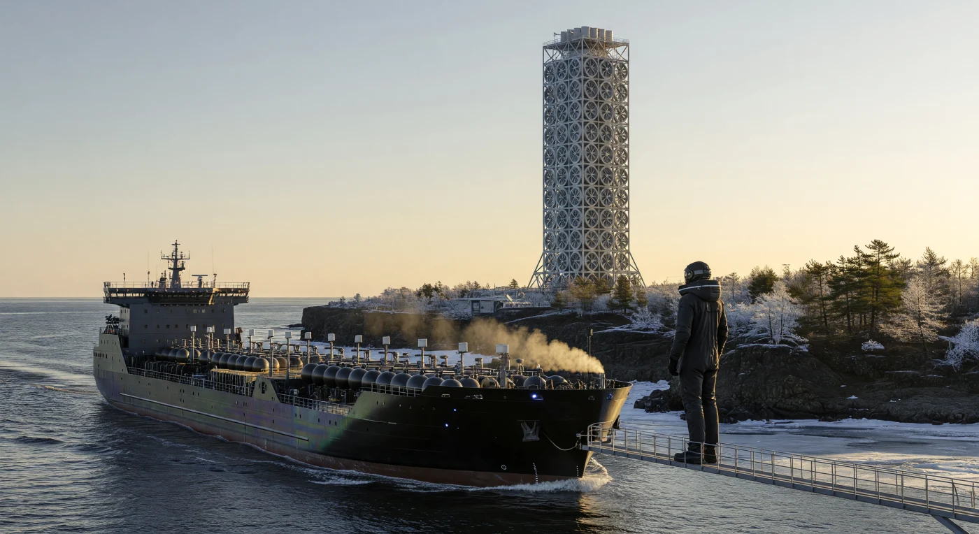 An autonomous hydrogen-powered freighter navigates the dark, ice-free waters of the Laptev Sea, passing a colossal 400-meter Direct Air Capture tower designed to scrub carbon from the warming Arctic atmosphere. Set during the mid-21st century era known as "The Threshold" (c. 2025–2050 CE), this scene illustrates the rapid industrialization of Northern Asia as it transitions into a high-tech resource hub powered by the Siberian Fusion Arc. Along the basalt coastline, engineered carbon-sink larches take root in the newly exposed soil, while a Boreal-Adapted human—genetically modified with enhanced thermogenic tissue—monitors the vessel from a maintenance catwalk. This period represents a pivotal moment in human history, marking the shift toward a Kardashev Type 0.72 civilization through large-scale atmospheric geoengineering and neural-integrated labor.