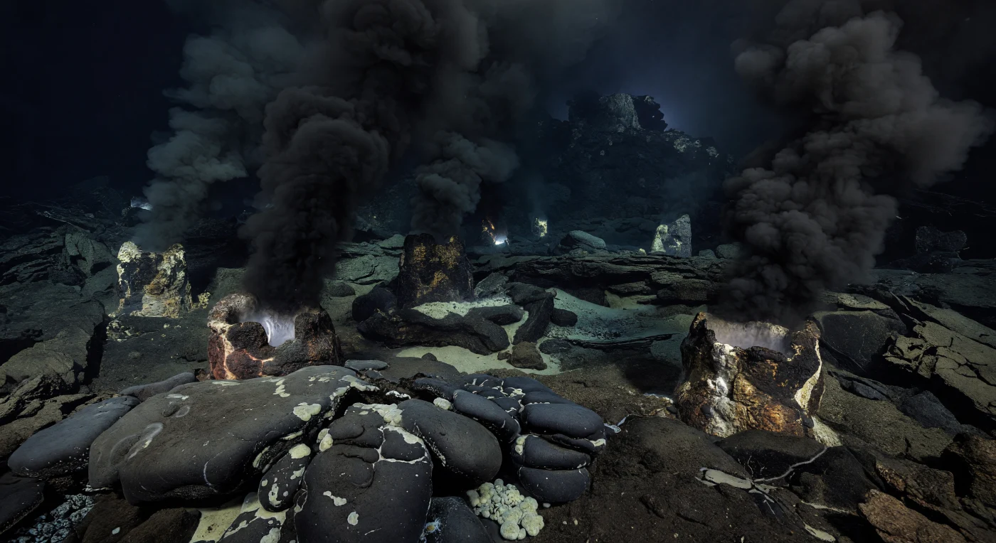 In the latest Permian, about 252 million years ago, a deep hydrothermal field along a Panthalassan mid-ocean ridge would have been a stark volcanic landscape of fresh pillow basalts, brittle sulfide chimneys, and dense black smoker plumes rising into cold, oxygen-poor water. Pale microbial mats cling close to the vent fluids, while radiolarian-rich siliceous sediment gathers in sheltered hollows on the dark seafloor. Such settings record the creation of oceanic crust in Earth’s great superocean, shortly before the end-Permian mass extinction—the most severe biotic crisis in the history of animal life.