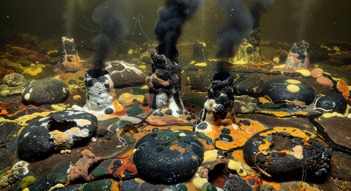 Around 3.2–2.7 billion years ago, hydrothermal vents on the Archean seafloor built dark sulfide chimneys above pillow basalts and ultramafic volcanic crust, releasing mineral-rich black plumes into Earth’s oxygen-free oceans. In place of animals, these vent systems likely supported microbial communities of thermophilic archaea and bacteria, forming pale sulfurous mats, orange iron-rich films, and dark biofilms on the hot chimney walls. This scene depicts one of the earliest plausible deep-sea ecosystems, where life may have thrived by chemosynthesis long before complex organisms evolved.