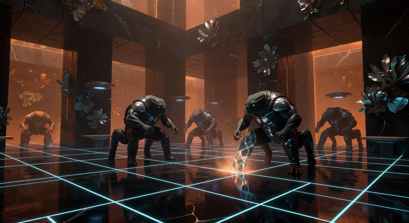 은하 시대(서기 5,000~20,000년)의 초중력 행성에서는 인류의 후예인 '리토덤(Lithoderm)'이 6G에 달하는 압력을 견디며 독자적인 문명을 일구었습니다. 단단한 흑요석 같은 피부와 사지 대칭형 구조를 가진 이들은 육중한 발로 현무암 바닥을 타격하여 발생하는 지진파를 통해 서로의 의사를 전달하며, 발밑으로 흐르는 네온빛 초전도 그리드는 이 거대한 지하 도시의 생명선 역할을 합니다. 극도로 밀도 높은 질소-아르곤 대기 속에서 이루어지는 이들의 정교한 '지진적 사회화'는 가혹한 물리적 한계를 극복한 생명의 경이로운 적응력을 잘 보여줍니다.