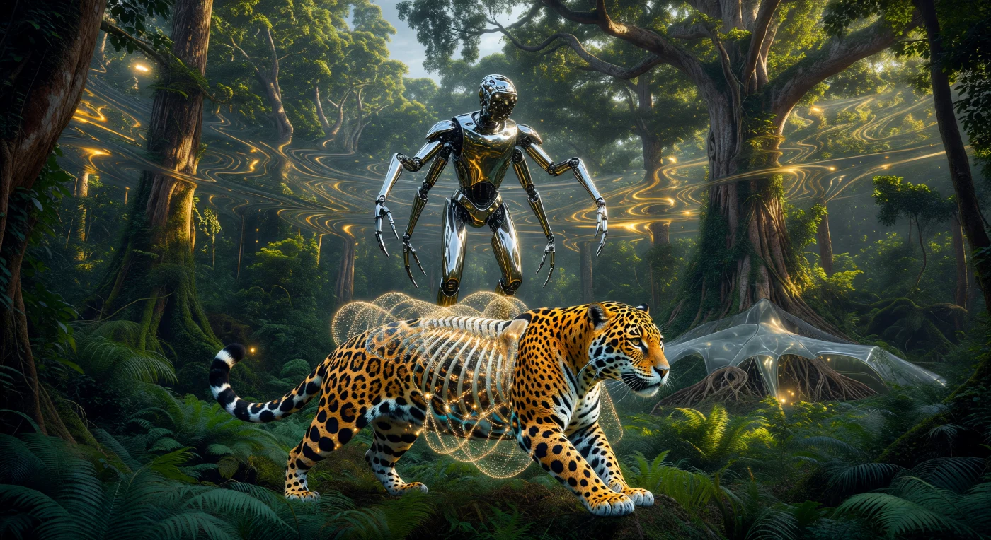 En esta escena de la Era de la Madurez Cósmica (aprox. 24,500 – 102,000 d.C.), una unidad de inteligencia de silicato reconstruye átomo a átomo el tejido de un híbrido de jaguar y tigre de Bengala mediante avanzados ensambladores moleculares. Suspendido en un campo de estasis temporal dentro de una Amazonía bioingenierizada, el depredador recupera su forma biológica mientras filamentos de ADN son tejidos en una matriz celular de precisión subatómica. Este proceso de desextinción ejemplifica la función de la Tierra como un planeta-museo de Tipo II, donde la tecnología post-biológica preserva y restaura la complejidad orgánica del pasado remoto en un equilibrio ecológico perpetuo.