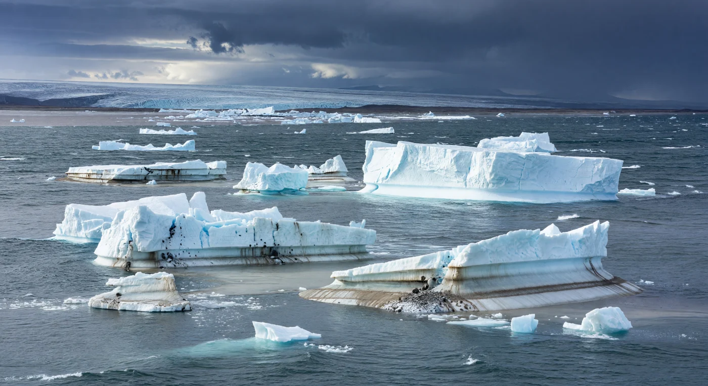 Sob um céu tempestuoso do Atlântico Norte, dezenas de icebergs tabulares e irregulares, desprendidos da margem da gigantesca Camada de Gelo Laurentide, derivam em águas quase geladas enquanto faixas de lama, areia e cascalho na sua base libertam “dropstones” que afundam até ao fundo marinho. Esta cena representa um evento de Heinrich no Pleistocénico tardio, há cerca de 70 000 a 15 000 anos, quando descargas maciças de gelo lançavam enormes quantidades de detritos glaciários no oceano e perturbavam a circulação atlântica. Embora dominado por gelo e sedimentos, este mar fazia parte de um ecossistema frio habitado por organismos como foraminíferos planctónicos, diatomáceas e mamíferos marinhos adaptados ao gelo, testemunhando a força com que as eras glaciárias remodelaram os oceanos da Terra.