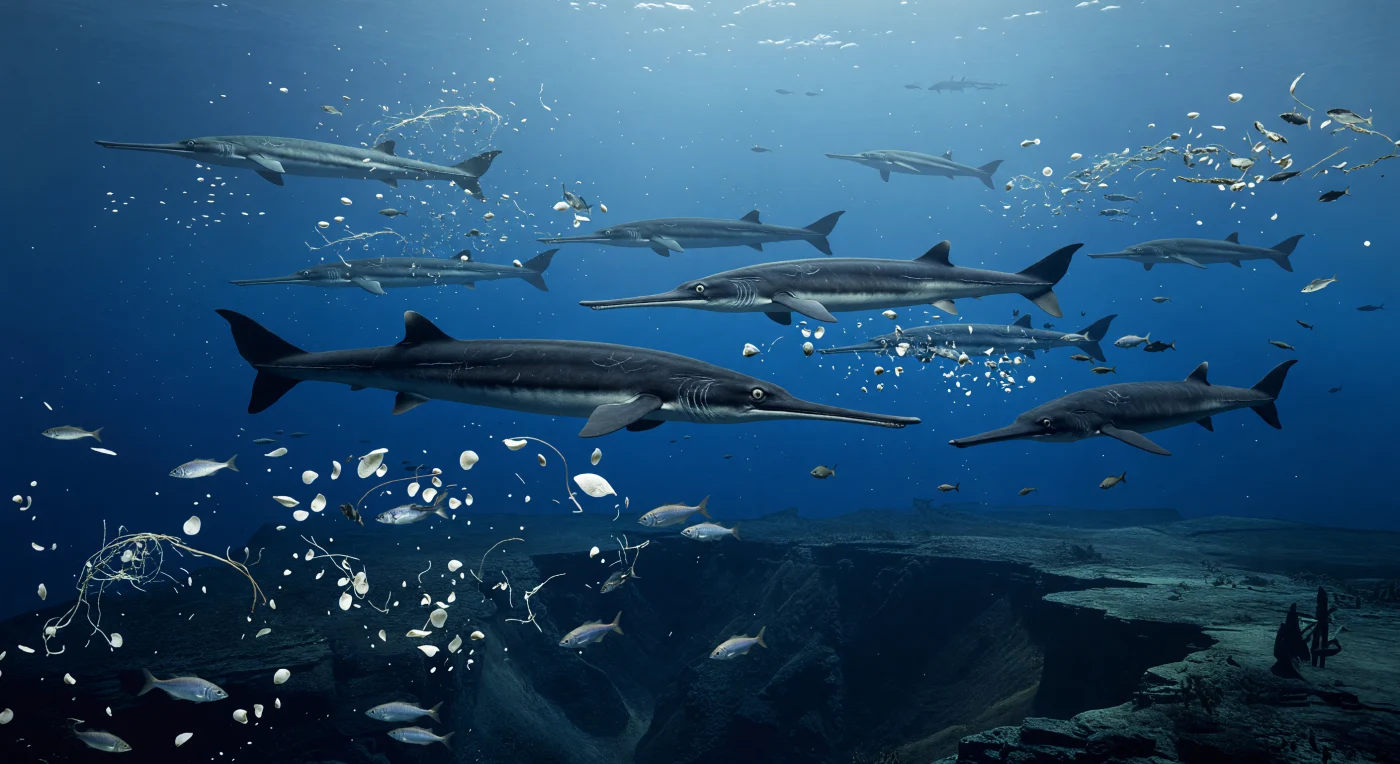 Au large de la bordure occidentale de la Laurasie, il y a environ 225 à 210 millions d’années, un groupe de gigantesques ichthyosaures du genre Shonisaurus glisse dans les eaux profondes de la Panthalassa, au-dessus d’une paroi de bassin qui s’enfonce dans l’ombre. Leurs corps fuselés de 12 à 15 mètres, sombres sur le dos et pâles dessous, se détachent parmi des bancs de petits poissons et des amas flottants de fines coquilles de Halobia, un bivalve très commun des mers du Trias tardif. Cette scène évoque un océan ouvert déjà dominé par de grands reptiles marins, bien avant l’apparition des mammifères marins, dans un monde où la moitié nord de la Pangée formait encore la Laurasie.