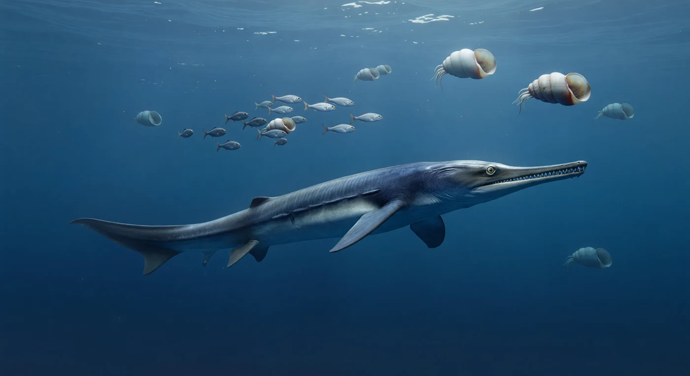 In de open oceaan langs de noordelijke rand van Gondwana jaagt een volwassen Cymbospondylus van ongeveer 6–8 meter lang omhoog onder een school kleine straalvinnige vissen, terwijl enkele Arcestes-ammonoïden met hun opgerolde schelpen in het planktonrijke blauwe water zweven. Dit tafereel speelt zich af in de Late Trias, ruwweg 237–201 miljoen jaar geleden, toen de zeeën na de massa-extinctie aan het einde van het Perm opnieuw vol raakten met nieuwe roofdieren en koppotigen. Cymbospondylus was een vroege ichthyosauriër: een gestroomlijnde mariene reptiel met een lange snuit vol kegelvormige tanden, grote ogen en krachtige peddelvormige vinnen, uitstekend aangepast aan snelle achtervolging in de uitgestrekte Tethys-wateren langs Gondwana.