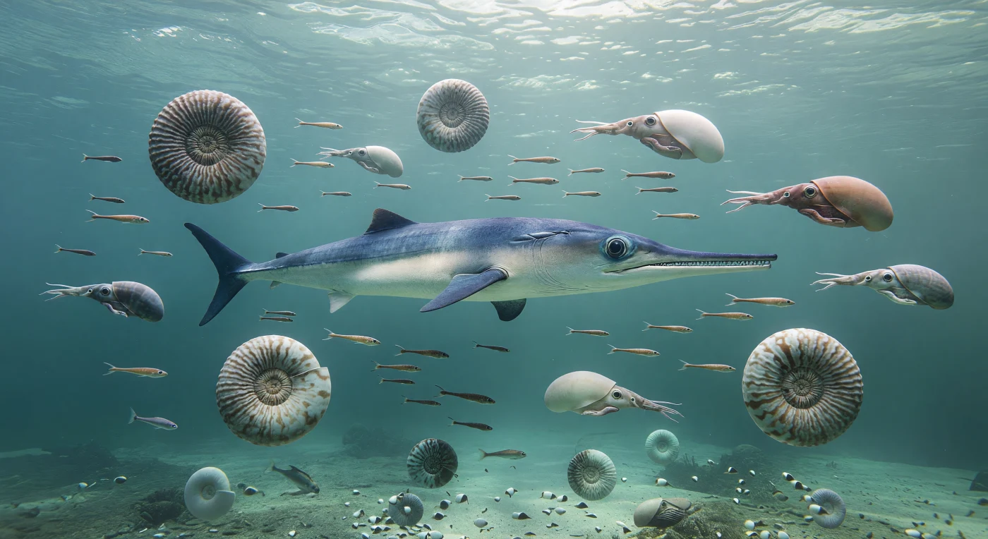 Im späten Jura, vor etwa 160–150 Millionen Jahren, gleitet über dem Schelfmeer am madagassischen Rand Gondwanas ein schlanker Ophthalmosaurier durch blaugrünes Wasser, während Schulen von Belemnopsis auseinanderstieben. Um ihn treiben gerippte Perisphinctes und glattere Phylloceras-Ammoniten mit 10–30 cm großen, creme-braun gebänderten Schalen – elegante Kopffüßer eines warmen Außenmeeres über einem von Riftbewegungen geprägten Kontinentalrand. Die riesigen Augen des Ichthyosauriers verraten einen hochspezialisierten Jäger der Jurameere und machen diese Szene zu einem eindrucksvollen Fenster in die tiefe Zeit Gondwanas.