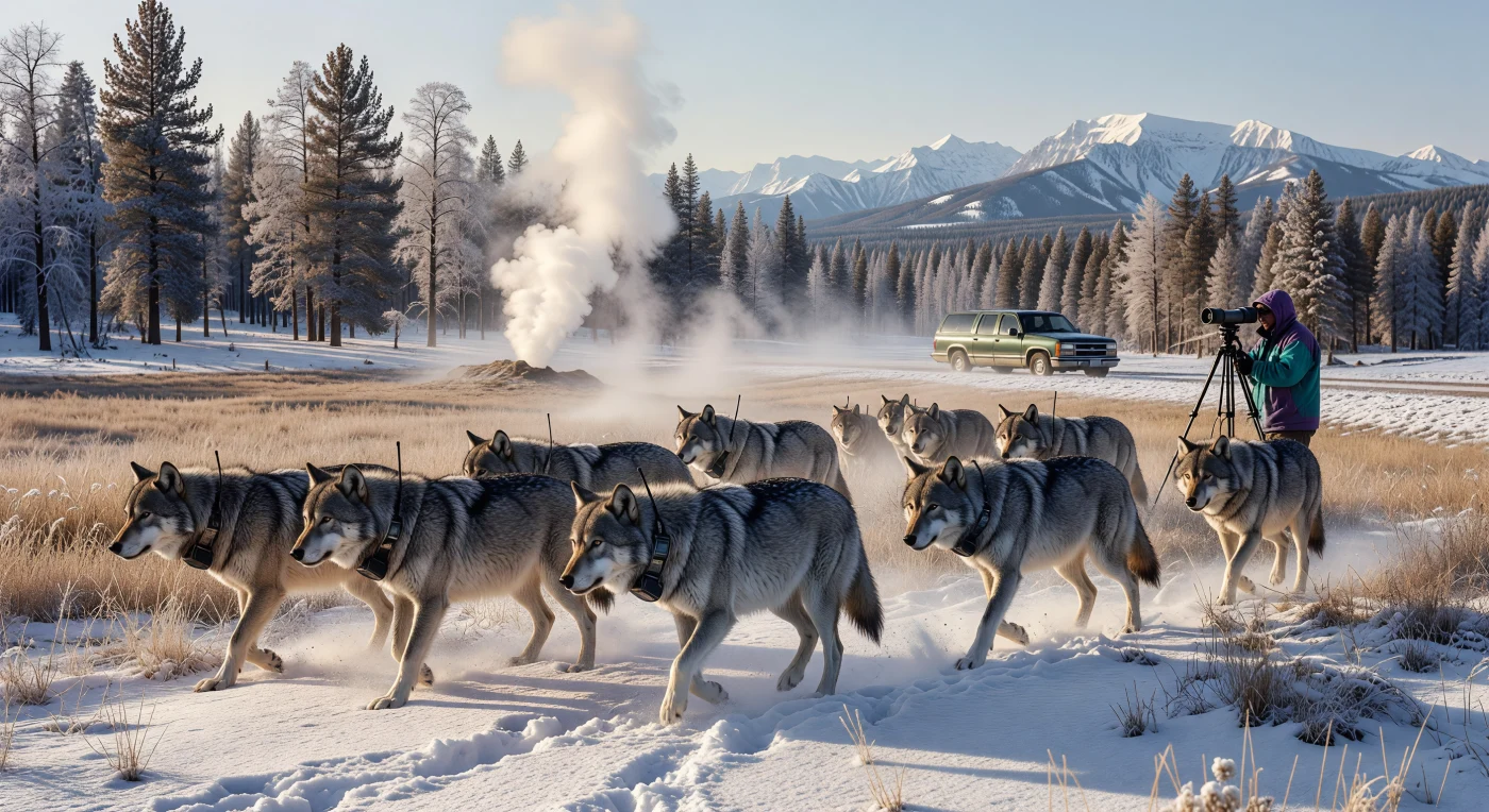 1995年冬、イエローストーン国立公園のラマー・バレーを横断するハイイロオオカミの群れは、アメリカ西部における歴史的な種再導入プログラムの象徴です。カナダから移送された彼らが装着している重厚な無線首輪は、当時の生物学者による懸命な追跡調査の跡であり、遠景には90年代特有の装備を身に着けた調査員の姿も描かれています。地熱地帯の蒸気が立ち込める極寒の風景の中で、この捕食者の帰還は、現代における生態系再生の重要な転換点を物語っています。