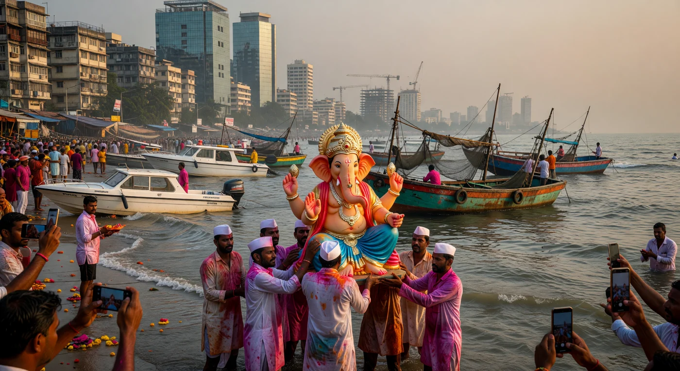 Devotos em Mumbai, vestindo tradicionais *topis* de algodão manchados de pó *gulal*, carregam uma majestosa estátua de argila de Ganesha para a imersão ritual no Mar Arábico sob a luz dourada do entardecer. A cena captura a essência da Era Digital no Sul da Ásia, onde smartphones e barcos de fibra de vidro coexistem com traineiras de madeira e práticas ancestrais. Diante de um horizonte de arranha-céus em rápida expansão, esta celebração do Ganesh Chaturthi ilustra a resiliência das tradições espirituais indianas em meio à hiper-modernidade tecnológica da década de 2020.