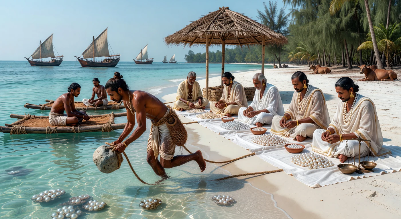 During the 8th-century Pandyan era, divers in the Palk Strait employed traditional *kattumaram* rafts and heavy granite weights to harvest *Pinctada* oysters from the turquoise seabed. On the shore, merchants clad in fine Bengali muslin and gold ornaments meticulously sort the raw pearls, which formed the backbone of a lucrative maritime trade connecting South India to the Roman, Arab, and Chinese worlds. This depiction captures the intersection of rigorous physical labor and the sophisticated luxury economy that defined the Early Middle Ages in the Indian Ocean.