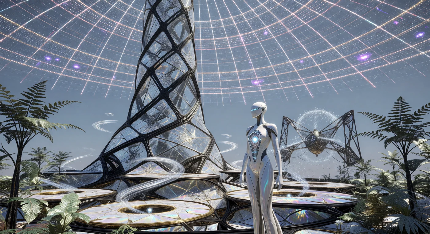 In der Ära der Kosmischen Reife (ca. 24.500–98.000 n. Chr.) schufen die „Architekten“ auf Shell World-4 monumentale Strukturen wie diesen 50 Kilometer hohen Fraktalturm, dessen nicht-euklidische Geometrie aus synthetischem Diamantglas die Grenzen der herkömmlichen Physik dehnt. Das Panorama zeigt einen diplomatischen humanoiden Architekten mit seinem leuchtenden Quanten-Kern inmitten einer modifizierten Biosphäre aus kohlenstoffverstärkten Farnen, während Gravitationsanker das Wasser in spiralförmigen Bahnen gegen die Schwerkraft nach oben leiten. Diese technologische Meisterschaft einer Zivilisation vom Kardaschow-Typ II illustriert eine ferne Zukunft, in der die Grenzen zwischen biologischem Leben, Architektur und stellarer Ingenieurskunst vollkommen verschwommen sind.