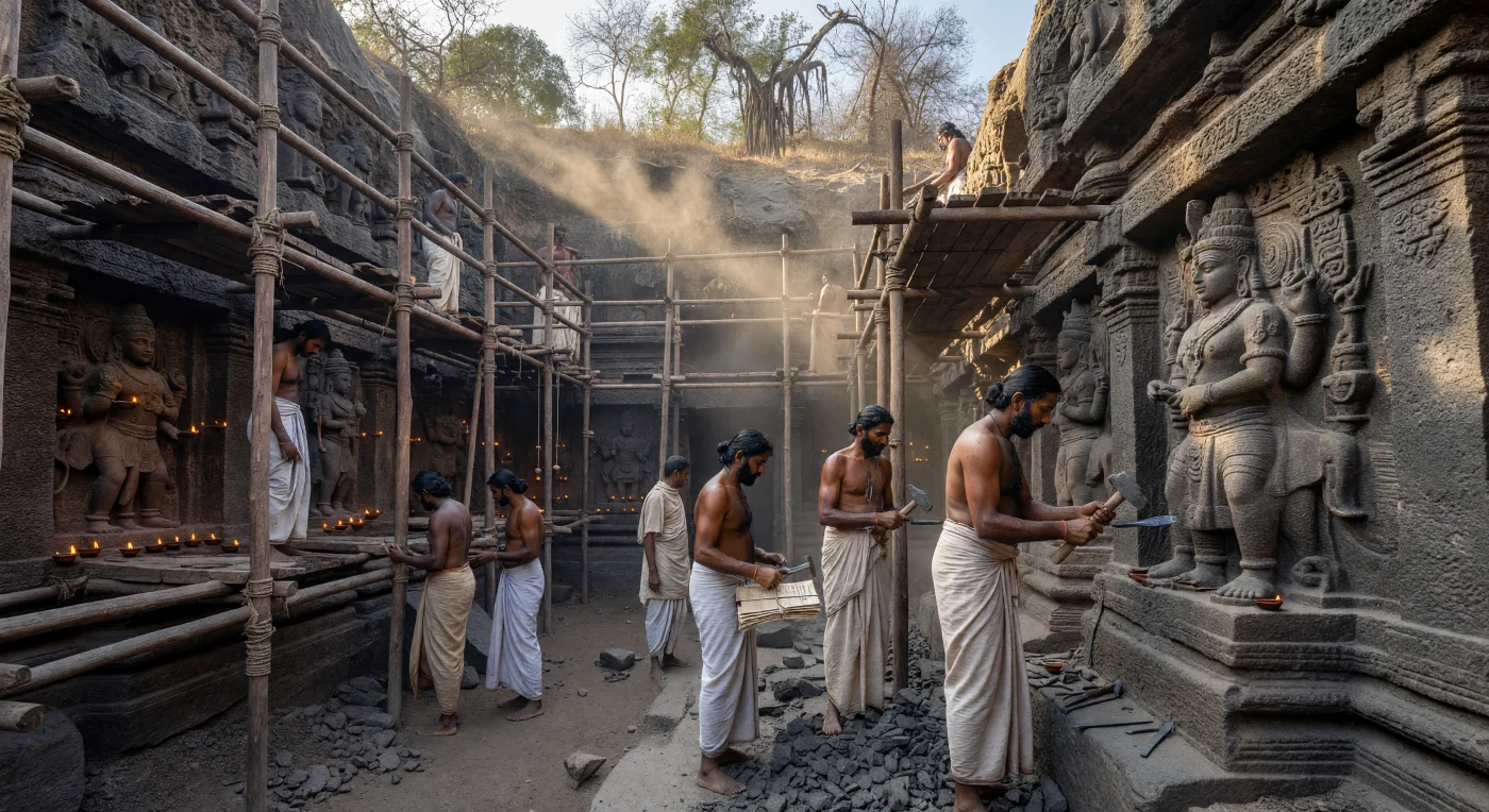 Artisans of the 8th-century Rashtrakuta Empire labor upon the monumental Kailasa Temple at Ellora, painstakingly carving the complex structure directly from the volcanic basalt cliffs of the Deccan Plateau. Guided by architect-priests and sacred palm-leaf manuscripts, these skilled masons used high-carbon steel chisels to excavate the temple from the top down, creating a multi-story monolithic masterpiece without the use of modern machinery. This scene illustrates the extraordinary engineering and artistic devotion required to transform a single rock face into an intricate sanctuary dedicated to the Hindu god Shiva.