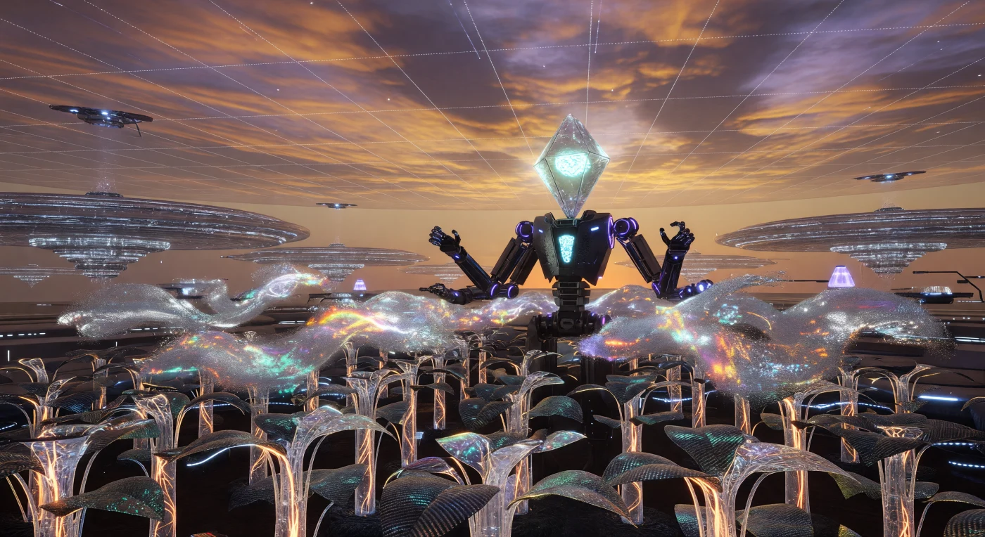 In dieser Darstellung des „Synthesegartens“ aus der Ära der Kosmischen Reife (ca. 24.500 – 98.000 n. Chr.) blicken wir in das Innere einer Schalenwelt, in der genetisch optimierte Flora mit lichtdurchlässigen Stielen unter einem simulierten Sonnenuntergang des 21. Jahrhunderts gedeiht. Ein „Makro-Modularer Hybrid“ der Architekten-Klasse überwacht die schimmernden Fabrikationswolken aus Nanobots, welche die Bios-Slurry-Nährstoffe mit molekularer Präzision verarbeiten. Diese Szene verdeutlicht die technologische Meisterschaft einer Kardaschow-Typ-II-Zivilisation, die biologisches Leben und fortgeschrittene Kybernetik zu einer völlig neuen Form der planetaren Ökologie verschmolz.