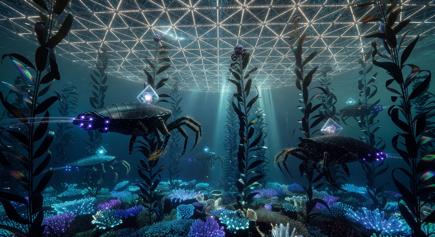 In den druckreichen, sauerstoffgesättigten Ozeanen einer planetaren Schalenwelt der Ära der Kosmischen Reife (ca. 24.500 – 98.000 n. Chr.) pflegen krustentierartige „Worker Shells“ weitläufige Wälder aus Kohlenstoff-Nanoröhren-Kelp. Diese hochspezialisierten Konstrukte der Architekten nutzen plasma-violette Ionenantriebe, um zwischen geometrisch präzisen, biolumineszenten Korallenriffen zu navigieren und deren strukturelle Integrität auf molekularer Ebene zu sichern. Das Bild verdeutlicht die technologische Meisterschaft einer Typ-II-Zivilisation, die künstliche Ökosysteme unter gigantischen, planetenumspannenden Gitternetzen als einen Akt tiefgreifender, jahrtausendelanger Bewahrung kultiviert.