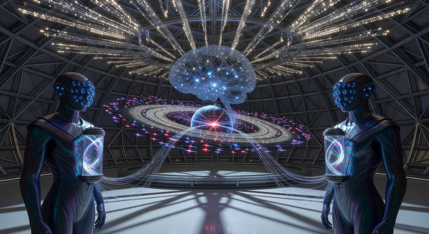 In der Ära der Kosmischen Reife (ca. 24.500–98.000 n. Chr.) visualisieren zwei Anführer der „Architekten“ in einer monumentalen Attritionskammer die strategische Dekonstruktion eines Sternsystems. Diese makro-modularen Hybride sind über filigrane Umbilikale mit einem zentralen Quanten-Wetware-Gitter verbunden, welches Millionen relativistischer Segelflotten als glühende Lichtnetze simuliert. Die Szene illustriert die technologische Spitze einer Typ-II-Zivilisation, die interstellare Dispute durch mathematische Vorhersagekraft innerhalb einer kontrollierten Quantenumgebung beilegt.