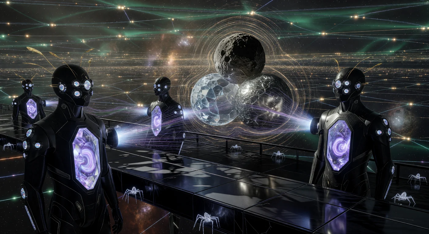 In der Ära der Kosmischen Reife (ca. 24.500–98.000 n. Chr.) blicken hochrangige „Architekten“ – post-biologische, makro-modulare Hybride – von einer gewaltigen Obsidian-Plattform auf die Neugestaltung ihres Sternensystems. Mithilfe von magnetischen Plasma-Düsen und direkter neuronaler Telemetrie dirigieren diese Wesen drei Monde in die präzise Formation eines Sierpinski-Dreiecks, während ein gigantischer Dyson-Schwarm im Hintergrund das Licht der Sonne dämpft. Diese Momentaufnahme einer Typ-II-Zivilisation auf der Kardaschow-Skala illustriert eine ferne Zukunft, in der die Gravitation selbst zum Werkzeug einer technologischen Evolution geworden ist, die ganze Welten nach mathematischer Perfektion formt.