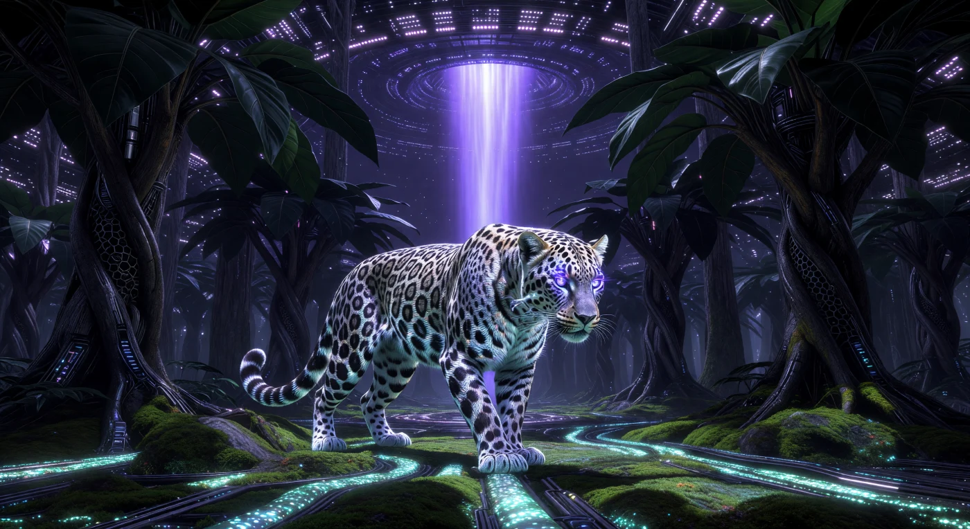 In der Ära der Kosmischen Reife (ca. 24.500–98.000 n. Chr.) durchstreift eine genetisch rekonstruierte *Panthera uncia v.2* die arbor-synthetischen Wälder einer künstlichen Schalenwelt. Dieses für eine erhöhte Schwerkraft von 1,2G optimierte Raubtier verfügt über ein mit Kohlenstoff-Nanoröhren verstärktes Fell und bio-digitale Saphir-Sensoren, die unter dem violetten Glimmen eines fernen Ionen-Antriebs nach thermischen Signaturen suchen. Die Szenerie illustriert die fortgeschrittene Biosphären-Technik der „Architekten“, bei der organische Lebensformen und metallische Strukturen aus Titanlegierungen zu einer stabilen, technologischen Symbiose verschmelzen.