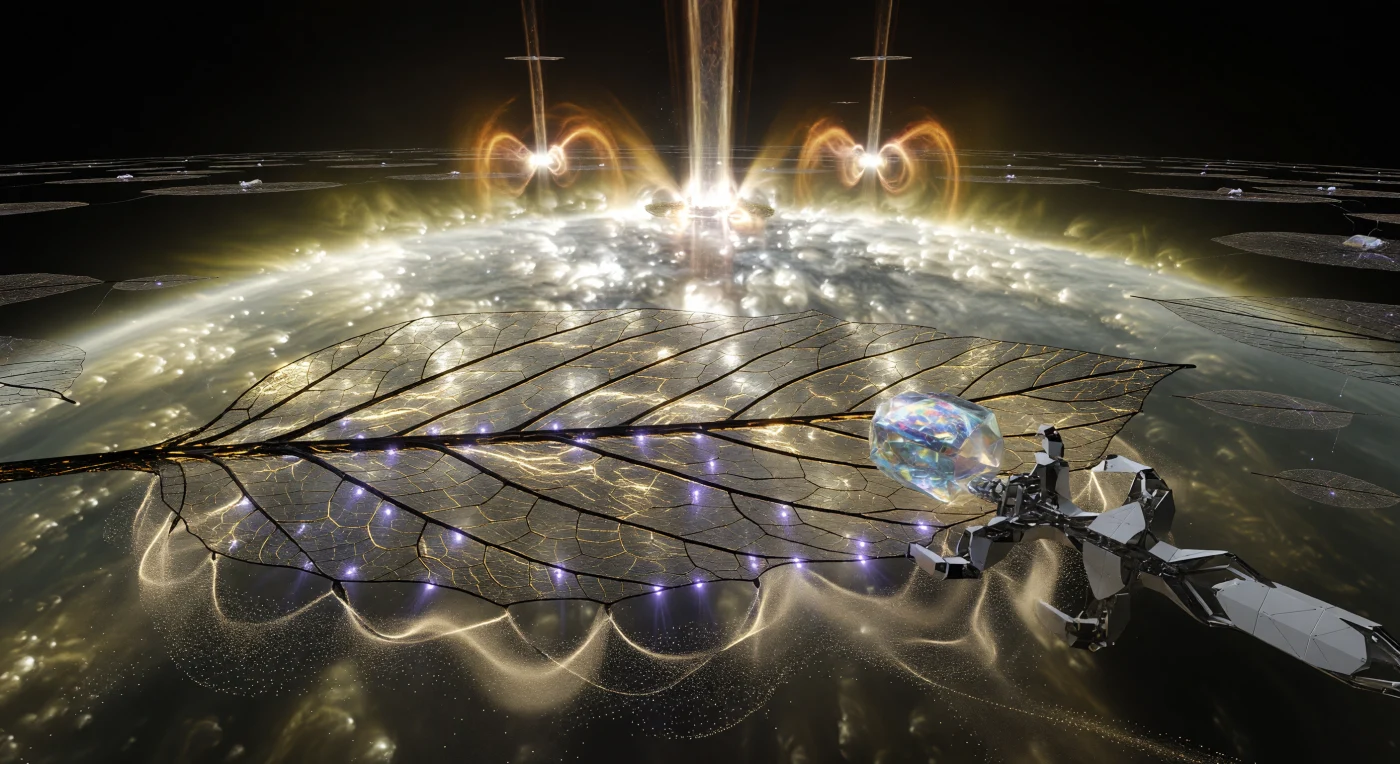 In dieser Aufnahme aus der Ära der Kosmischen Reife (ca. 24.500 – 98.000 n. Chr.) pflegt ein modularer „Worker Shell“-Architekt ein fünf Kilometer langes Sonnenblatt, dessen goldene Photovoltaik-Membranen die Strahlung eines G-Typ-Sterns einfangen. Während Milliarden von Nanocyten beschädigte Kohlenstoff-Gitter verweben, bändigen gewaltige magnetische Düsen im Hintergrund das roillende stellare Plasma zur kontrollierten Rohstoffgewinnung. Dieses Panorama dokumentiert die technologische Souveränität einer Typ-II-Zivilisation, welche die gesamte Energie ihres Heimatsystems durch gigantische Dyson-Schwärme für die Ewigkeit nutzbar macht.