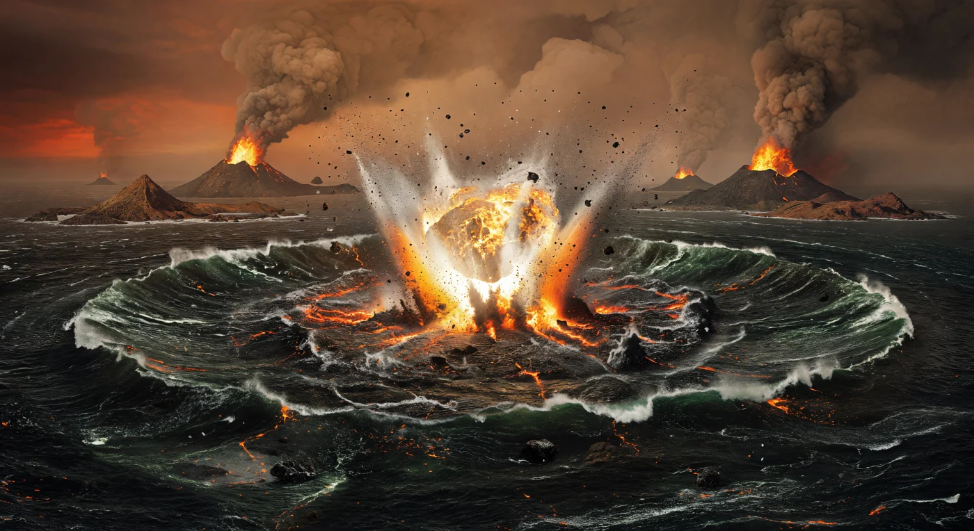 Un enorme asteroide roccioso colpisce l’oceano primordiale della Terra tarda adeana, circa 4,4–4,1 miliardi di anni fa, sollevando una sfera di fuoco bianco-gialla, un anello gigantesco di vapore e frammenti fusi, e onde di tsunami concentriche che corrono verso piccoli arcipelaghi vulcanici neri. In questo eone il pianeta era ancora in costruzione: crosta basaltica e ultramafica sottile, vulcanismo intenso, atmosfera anossica ricca di vapore acqueo, CO2 e gas solforosi, sotto un Sole leggermente più debole di oggi. Non esistevano ancora animali, piante o continenti moderni: il paesaggio era dominato da impatti frequenti, oceani minerali scuri e isole instabili di roccia mafica, in un mondo segnato dal bombardamento cosmico e dal calore interno della giovane Terra.