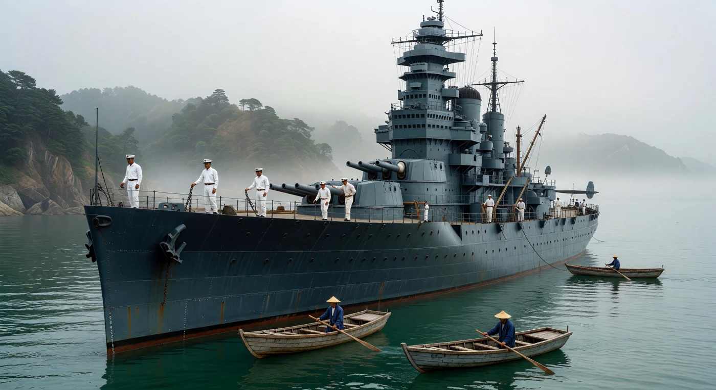 Un possente incrociatore pesante della Marina Imperiale Giapponese domina le acque nebbiose del porto di Kure nel 1938, con la sua imponente sovrastruttura a pagoda che svetta contro le colline boscose della prefettura di Hiroshima. Sul ponte in legno di teak, i marinai in candide uniformi estive si dedicano alle mansioni mattutine, mentre piccoli sampan tradizionali scivolano accanto alla massiccia fiancata d'acciaio grigio. Questa scena cattura il profondo contrasto tra la vita rurale tradizionale e la rapida ascesa del Giappone come potenza industriale e militare alla vigilia del secondo conflitto mondiale.