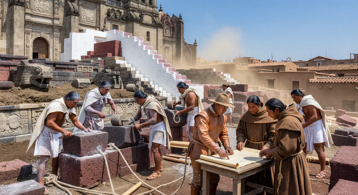 In this depiction of the late 16th-century construction of the Mexico City Metropolitan Cathedral, Indigenous Nahua masons labor alongside Spanish friars and architects to erect the centerpiece of the new colonial capital. The scene illustrates the profound physical and cultural transition of the era, as porous red volcanic tezontle blocks are set directly atop the shattered basalt foundations of the former Mexica sacred precinct. This monumental project utilized a syncretic blend of European iron tools and traditional Indigenous engineering, marking the rise of a Spanish urban grid over the ruins of the Aztec Empire.
