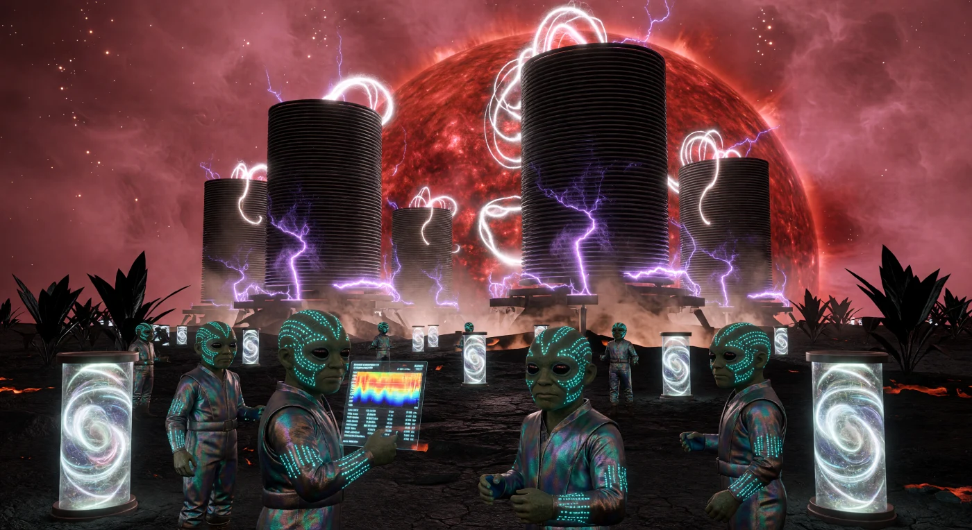 Während des „Interstellaren Aufbruchs“ (ca. 3000–5000 n. Chr.) bändigten die evolutionär modifizierten *Homo proximus* die gewaltigen stellaren Flares des Roten Zwergs Proxima Centauri mithilfe kilometerhoher Induktionsspulen aus Kohlenstoff-Nanoröhren. Auf den verbrannten Obsidian-Ebenen von Proxima b überwachen diese an 1,2 g Schwerkraft angepassten Wesen den Energiefluss in supraleitenden Speichern, während ihre biolumineszenten Organe in der infrarot-dominierte Dämmerung mit Datenmustern pulsieren. Diese Szene illustriert den Aufstieg einer Typ-1,5-Zivilisation, die in einer ewigen, magentafarbenen Atmosphäre die rohe elektromagnetische Kraft ihres Heimatsterns für das Überleben nutzt.