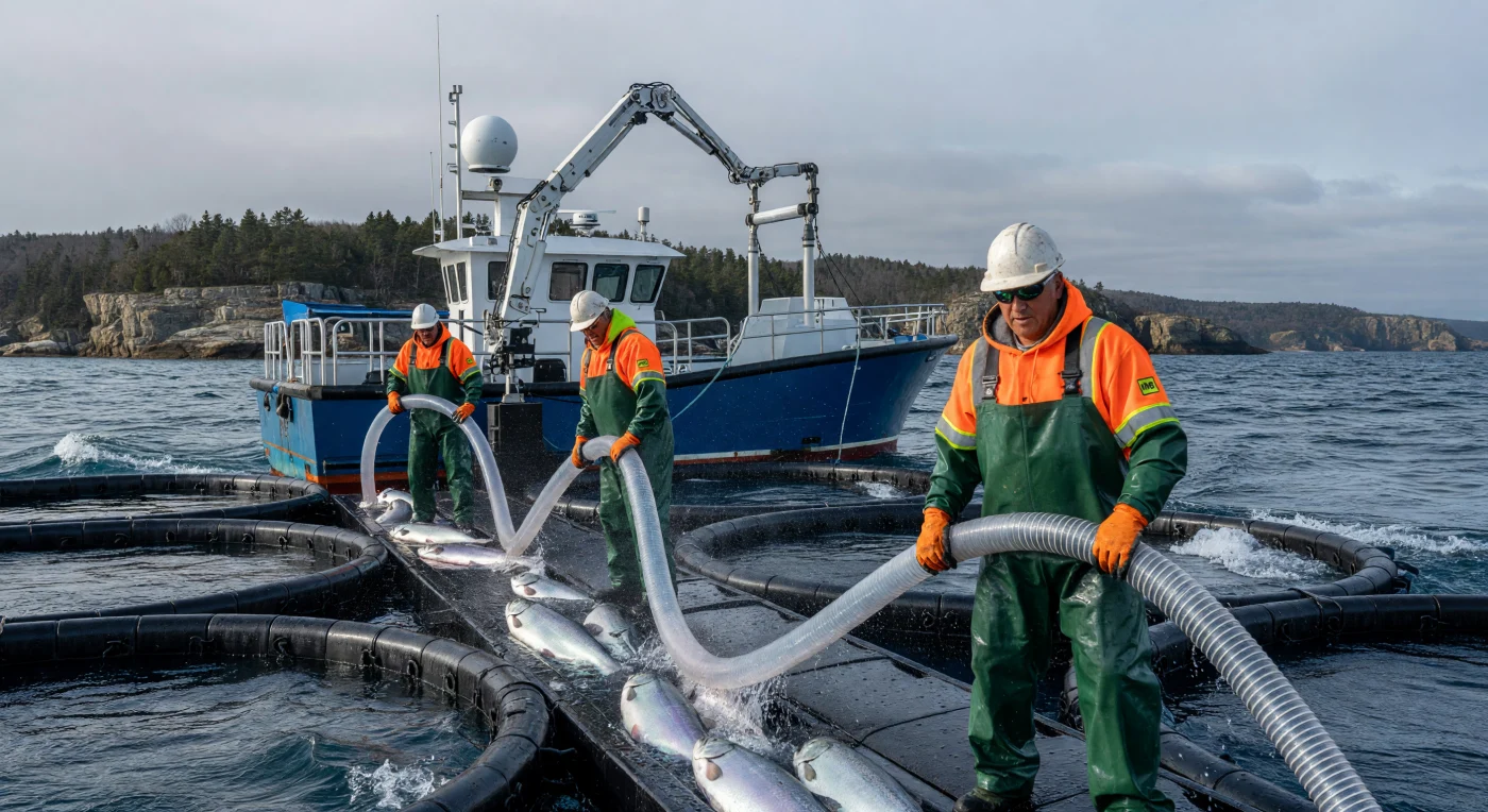 In the cold, choppy waters of the Bay of Fundy, workers clad in high-visibility gear and waterproof PVC bibs manage a high-intensity Atlantic salmon harvest using a specialized hydraulic suction system. This scene captures the peak of the early 21st-century "Blue Revolution," an era where industrial aquaculture relied on advanced infrastructure like high-density polyethylene (HDPE) sea cages and sophisticated well-boats to meet global food demands. The diverse team, comprising both local Acadian and Filipino mariners, reflects the globalized workforce and technological integration that defined maritime labor during the 2020s.