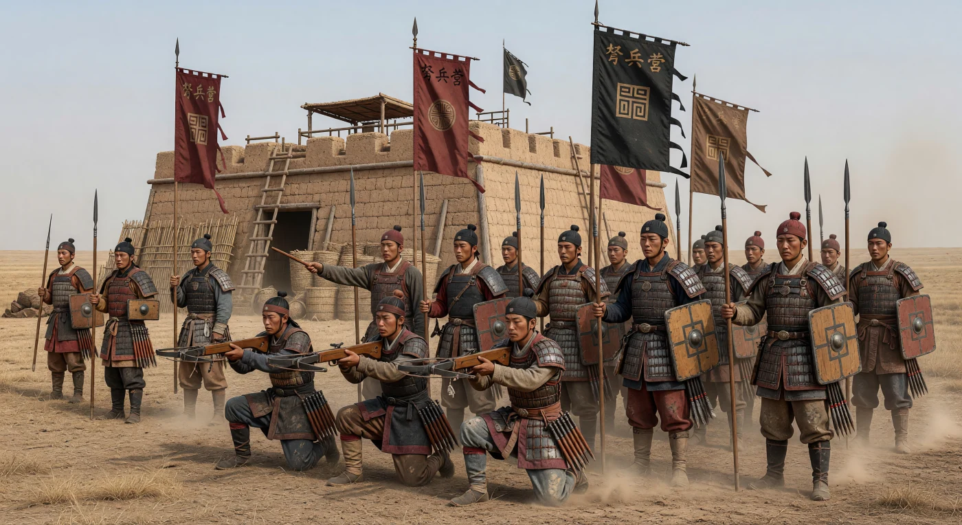 Num campo de batalha seco do norte da China, fileiras cerradas de infantaria Qin avançam com besta padronizada, lanças e escudos retangulares, enquanto oficiais em armadura laqueada dirigem a formação diante de uma fortificação de terra apiloada e estandartes militares. Esta cena evoca as guerras de unificação do final do século III a.C., quando o Estado de Qin transformou disciplina, produção em massa de armas e rígida burocracia militar em instrumentos decisivos de conquista. As bestas com mecanismos de gatilho em bronze, distribuídas em larga escala, foram uma das grandes vantagens táticas que ajudaram Qin a derrotar os reinos rivais e lançar o primeiro império unificado da China.