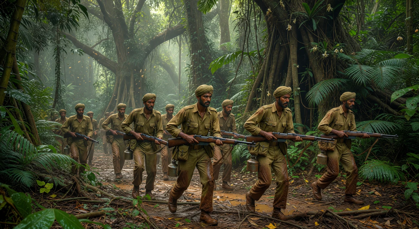 Soldados da 14ª Armada do Exército da Índia Britânica avançam com cautela pela densa selva da Birmânia em 1944, empunhando fuzis Lee-Enfield sob a luz filtrada pela copa das árvores tropicais. Vestindo uniformes de algodão cáqui e turbantes regimentais distintos, estes combatentes enfrentavam não apenas o inimigo, mas também a humidade sufocante e o terreno lamacento do Sudeste Asiático. Esta cena ilustra a bravura do chamado "Exército Esquecido", cujas contribuições foram fundamentais para deter o avanço japonês durante os exaustivos anos finais da Segunda Guerra Mundial.