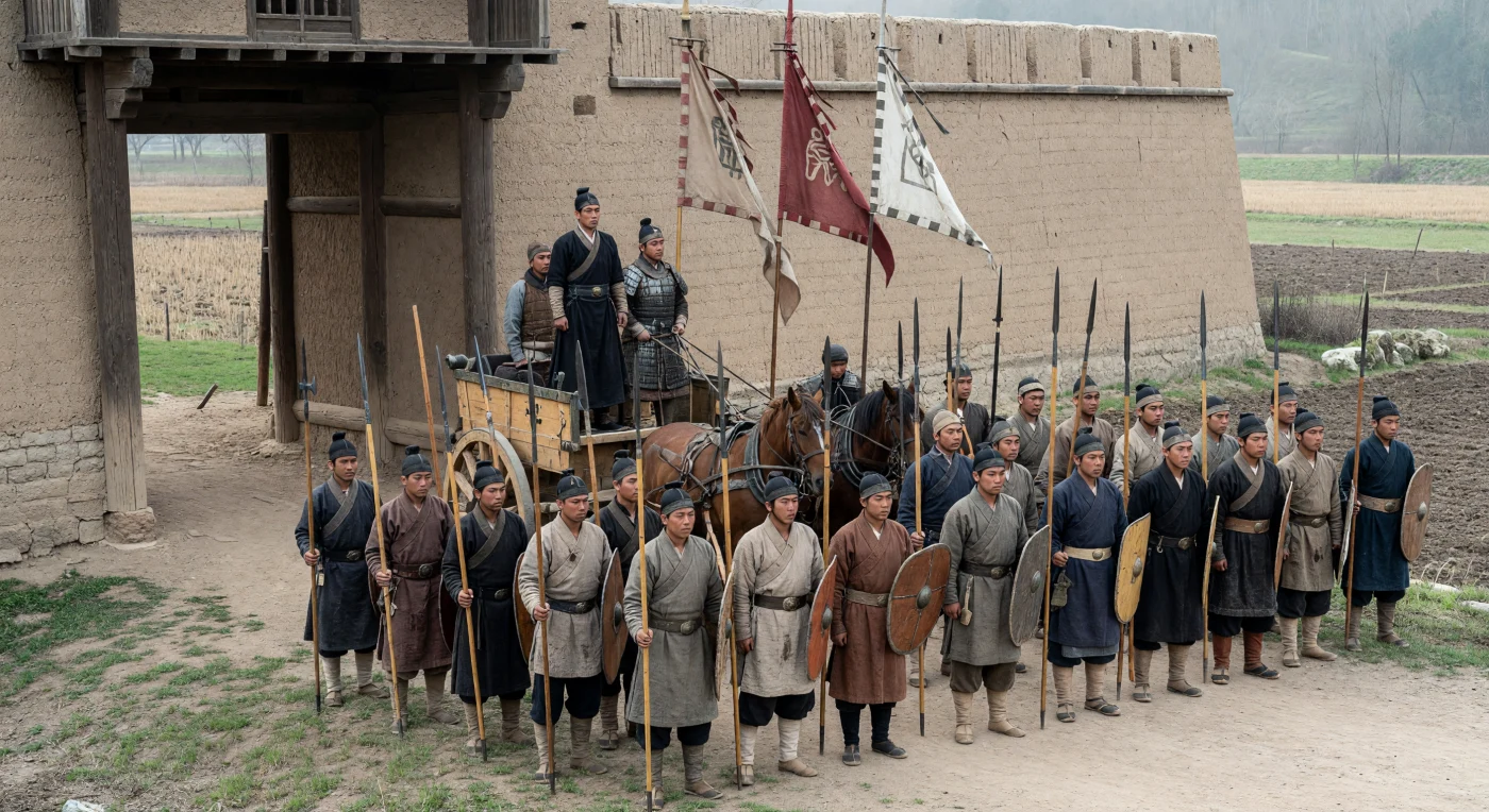 Fuera de una imponente puerta de tierra apisonada, un ejército de un estado Zhou de la época de Primaveras y Otoños se despliega en filas disciplinadas entre el polvo y la luz fría de la mañana. En primer plano destacan lanceros y portadores de ge —la característica alabarda-daga china— con puntas de bronce, arcos compuestos y escudos de cuero, mientras detrás espera un carro ligero de dos caballos con un comandante aristocrático, símbolo de un modo de hacer la guerra todavía prestigioso. La escena refleja un momento de transición en el norte de China del siglo VI a. C., cuando los nobles seguían dirigiendo desde carros, pero la infantería organizada y las primeras armas con filo de hierro empezaban a transformar la guerra de los estados Zhou orientales.