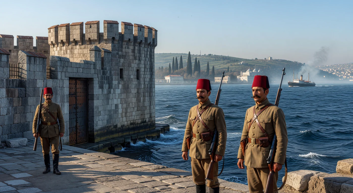 Sur les rives stratégiques du Bosphore vers 1905, des soldats ottomans montent la garde devant les imposants remparts de granit d'une garnison côtière. Vêtus d'uniformes en laine kaki et coiffés du fez traditionnel en feutre rouge, ces hommes sont armés de fusils Mauser de précision, illustrant la modernisation militaire tardive de l'Empire sous le règne du sultan Abdülhamid II. En arrière-plan, la silhouette d'un navire à vapeur naviguant sur les eaux sombres du détroit témoigne du rôle crucial d'Istanbul comme carrefour du commerce mondial à l'aube du XXe siècle.
