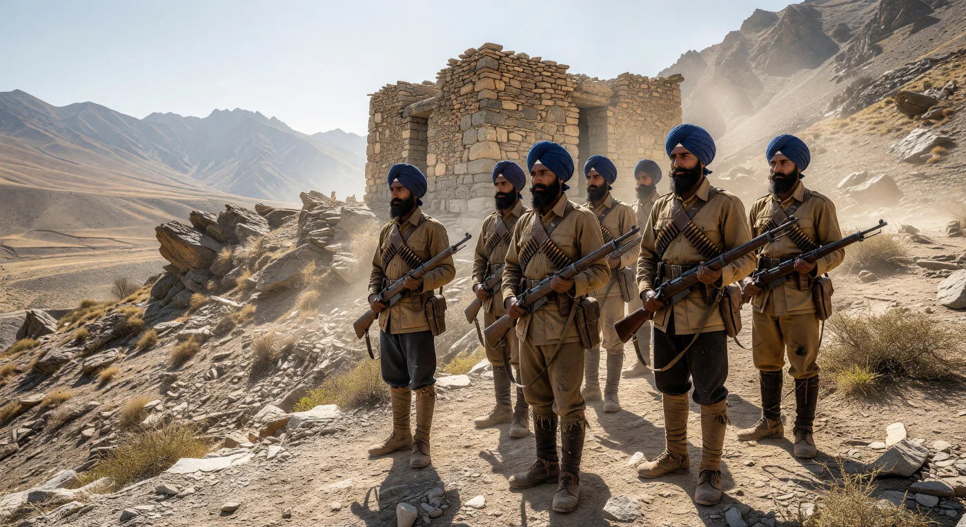Des fantassins sikhs de l'armée des Indes britanniques, coiffés de leurs turbans indigo traditionnels et armés de fusils Lee-Metford, montent la garde devant un fortin de pierre surplombant les cols arides de l'Hindou Kouch. À la fin du XIXe siècle, ces soldats d'élite assuraient la surveillance de la frontière du Nord-Ouest, une zone stratégique et instable où la poussière des montagnes et le soleil de plomb marquaient le quotidien des troupes coloniales. Leurs uniformes en coton kaki et leurs expressions stoïques témoignent de la rigueur de la vie militaire aux confins de l'Empire pendant la Belle Époque.