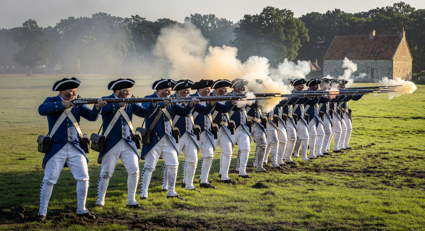 Gedisciplineerde infanteristen in blauwe jassen en witte kniebroeken vormen een onwrikbare linie op een modderig slagveld, terwijl zij hun vuursteenslotmusketten afvuren in een verstikkende wolk van zwavelhoudend zwart kruit. Deze scène illustreert de rigide lineaire oorlogsvoering van het midden van de 18e eeuw, waarbij mechanische discipline en collectieve vuurkracht de kern vormden van de Europese strijdkrachten. De details, van de door roet besmeurde gezichten tot de glanzende bajonetten, tonen de grimmige en tactiele werkelijkheid van het achttiende-eeuwse soldatenleven tijdens de Verlichting.