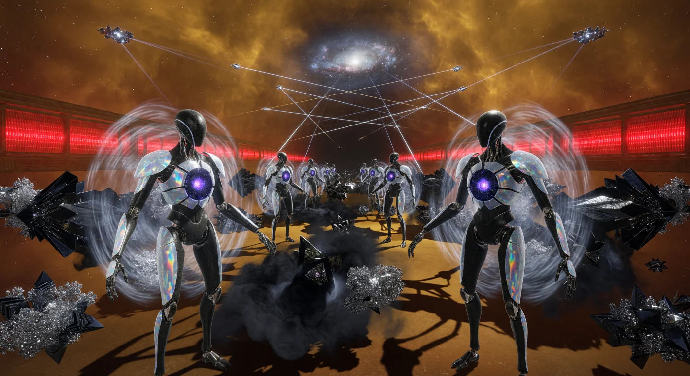 Deep within a "Shell World" of the Sagittarian Spire, two factions of Substrate-Independent Minds (SIMs) engage in an "Information-Contest" during the far-future era known as The Horizon (c. 100,000–1,000,000 CE). These post-biological entities, housed in four-meter-tall carbon-nanotube shells, remain physically motionless in a state called "The Long Patience" while their conflict manifests as the violent molecular flux of smart-matter nanites between solid and gaseous states. The scene is illuminated by the amber glow of an engineered red dwarf star, with kilometers-long radiator fins visible in the background to shed the immense waste heat generated by their femtotech-scale processors. This struggle illustrates the life of a Kardashev 2.4 civilization, where reality is reshaped at the speed of light through localized magnetic fields and quantum-encrypted data-streams.