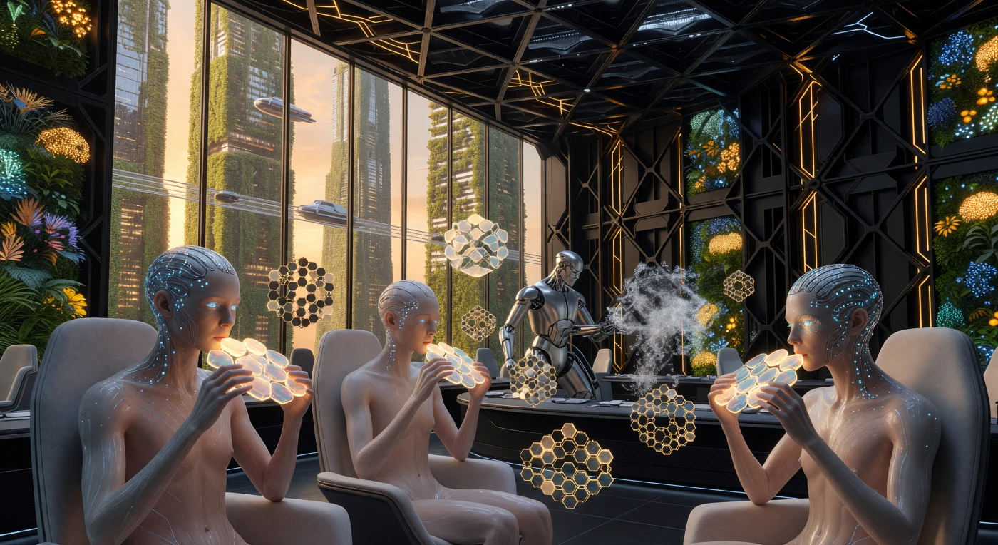 Durante a era da Convergência (2100-2200 d.C.), os *Organismos Aumentados* (Aug-Orgs) de Neo-Eurásia representavam o ápice da integração entre a biologia humana e sistemas de processamento em silício. Neste registro de um salão de nutrição comunal, observamos indivíduos consumindo matrizes nutritivas bioimpressas enquanto suas rendas neurais sincronizam-se à "Camada", uma visualização geométrica em 4D do sistema nervoso central da megacidade. A arquitetura de treliças de carbono e supercondutores de temperatura ambiente reflete uma civilização de Tipo 1.2, onde o antigo ato biológico de se alimentar evoluiu para uma sofisticada troca de dados e energia em larga escala.