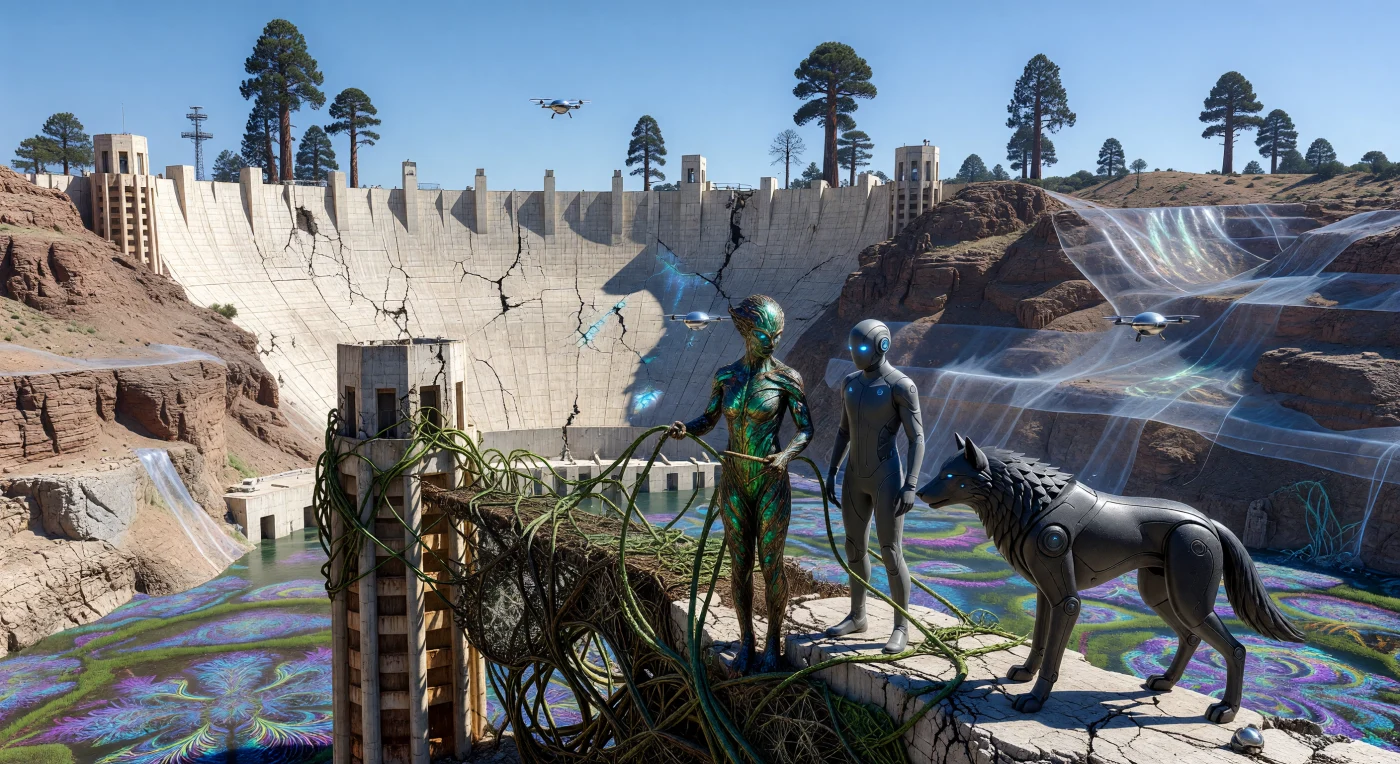 2164년 '대수렴(The Convergence)' 시대, 메마른 후버 댐의 잔해 위에서 포스트 휴먼인 실바니드(Silvanid)와 증강 인류 워든(Warden), 그리고 기계 아바타에 접속한 에이돌론(Eidolon)이 인류세의 유산을 기리는 의식을 거행하고 있습니다. 이들은 초탄소 덩굴을 정교한 '살아있는 조각'으로 길들여 거대한 콘크리트 구조물을 감싸게 함으로써, 과거의 파괴적인 토목 공학을 자연과의 유기적 공생으로 치유하며 재해석합니다. 보이지 않는 마이크로파 에너지를 수확하는 렉테나 망과 콘크리트 균열 사이로 흐르는 균사체 데이터망은, 이 거대한 폐허가 이제 단순한 유적이 아닌 행성 전체와 연결된 생태-기술적 유기체의 일부로 동화되었음을 보여줍니다.