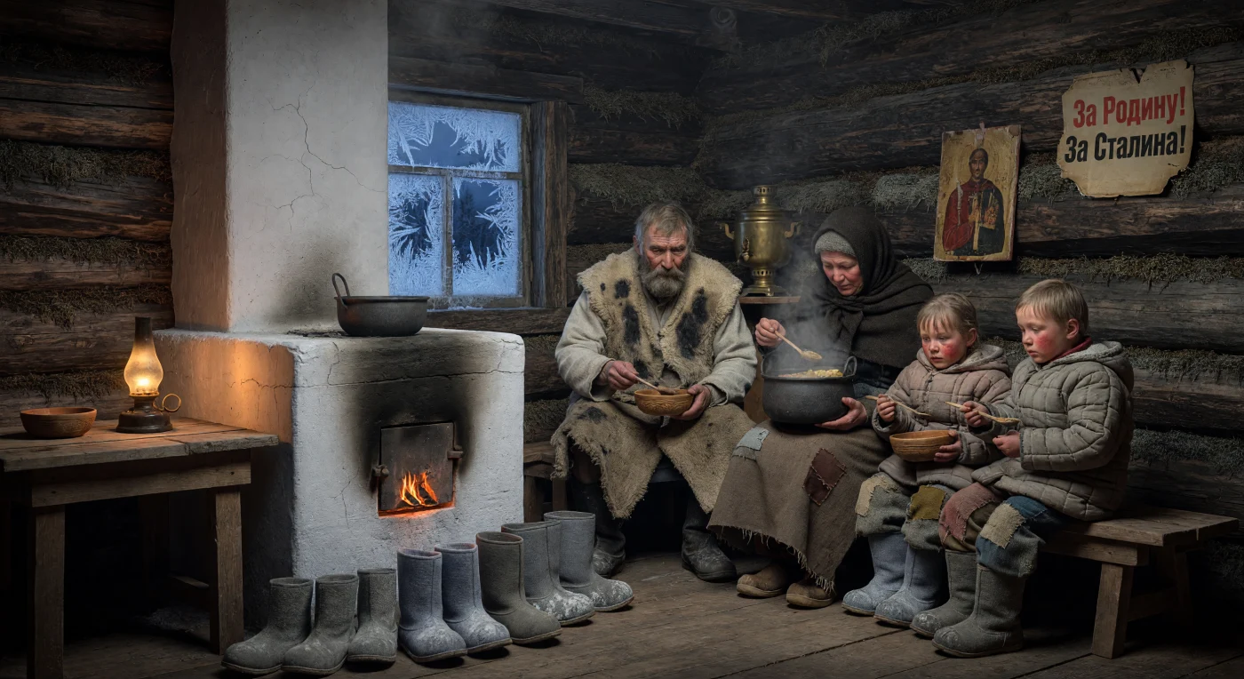 In dieser atmosphärischen Szene aus den 1930er Jahren sucht eine sibirische Bauernfamilie in ihrer aus massiven Lärchenstämmen errichteten Isba Schutz vor der extremen Kälte am zentralen, weiß getünchten Backsteinofen. Gekleidet in robuste Schafsfellwesten und traditionelle Walenki-Filzstiefel, verdeutlicht ihr karger Alltag den harten Überlebenskampf in der Taiga während der Zwischenkriegszeit. Das Interieur spiegelt zudem den gesellschaftlichen Wandel jener Ära wider, indem es in der traditionellen „Roten Ecke“ eine religiöse Ikone unmittelbar neben einem sowjetischen Propagandaplakat zeigt.
