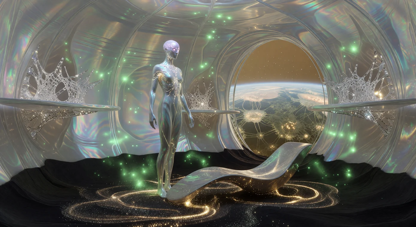 In dieser musealen Rekonstruktion eines „Nodal Cocoons“ aus der Ära des Horizonts (ca. 100.000 bis 1.000.000 n. Chr.) begegnen wir einem post-biologischen Bewohner inmitten einer Architektur aus molekular akkretierter Materie. Die fluide Innenwelt besteht aus irisierendem Äther-Glas und fraktalen Diamondoid-Strukturen, während am Boden intelligenter „Smart-Dust“ unter dem Einfluss elektromagnetischer Ströme zu funktionalen Formen erstarrt. Diese Epoche der Großen Stasis markiert einen technologischen Zenit, in dem die Grenze zwischen Organismus und Lebensraum verschmolz und die Erde als vernetzte Gartenstadt unter dem schwindenden Licht einer alternden Sonne stabilisiert wurde.