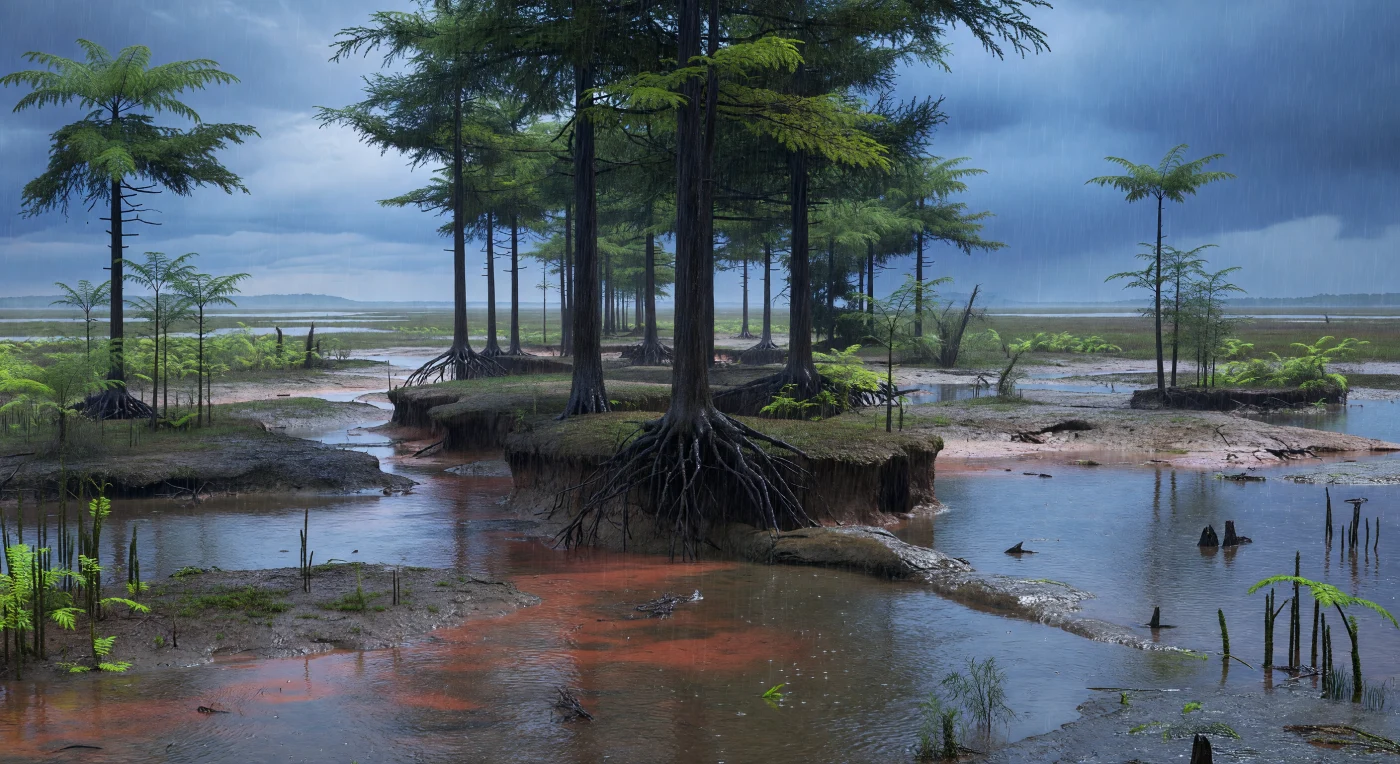 Sous un ciel d’orage bleu gris, une plaine côtière du Dévonien supérieur, il y a environ 375 à 360 millions d’années, s’étend en vasières inondées, mares en fer à cheval débordantes et chenaux saumâtres teintés de limon rouge. De grands Archaeopteris, parmi les premiers arbres à enracinement profond, agrippent les berges boueuses de leurs racines exposées, aux côtés de lycophytes et d’autres plantes vasculaires primitives, dans l’un des tout premiers paysages forestiers de la planète. Dans l’eau trouble apparaissent furtivement un poisson à nageoires lobées tristichoptéridé et un tétrapodomorphe de type Panderichthys ou Elpistostege, témoins d’un monde où les vertébrés exploraient encore la frontière entre rivière, marais et terre ferme sur les basses terres de la Laurussia.